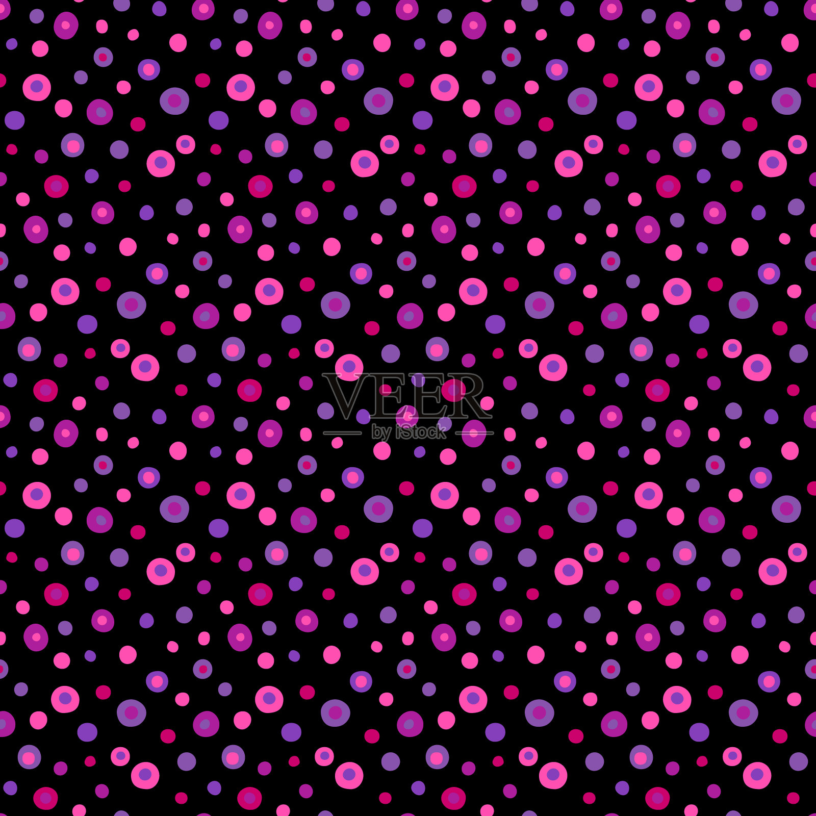 复古充满活力的粉红色紫罗兰色圆点无缝图案。多色不规则随意排列的斑点，分散的斑点。摘要向量背景，幼儿园，时尚印花设计插画图片素材