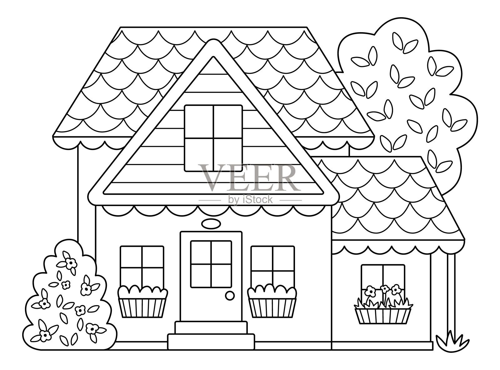 矢量黑白乡村房子线图标孤立在白色背景上。农家插图或着色页。可爱的木屋，有灌木、窗户和树木。乡村或花园景观设计元素图片