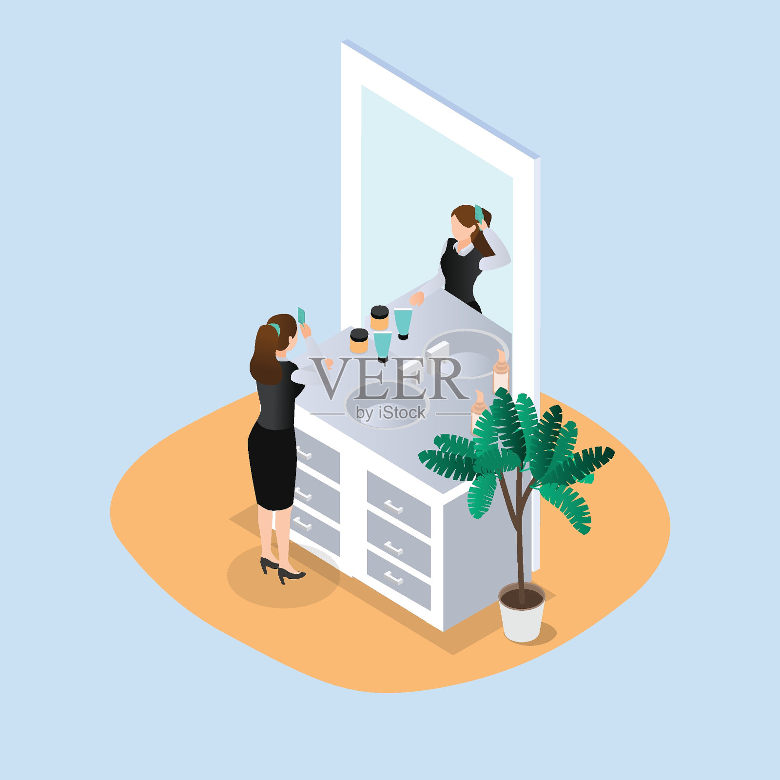 年轻女子上班前梳头插画图片素材