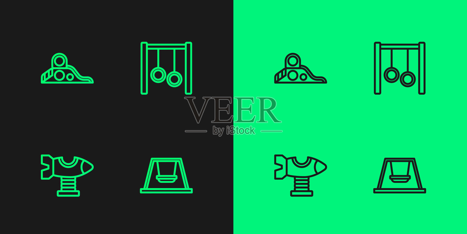 设置线秋千为儿童，飞机，滑梯游乐场和体操环图标。向量图标素材