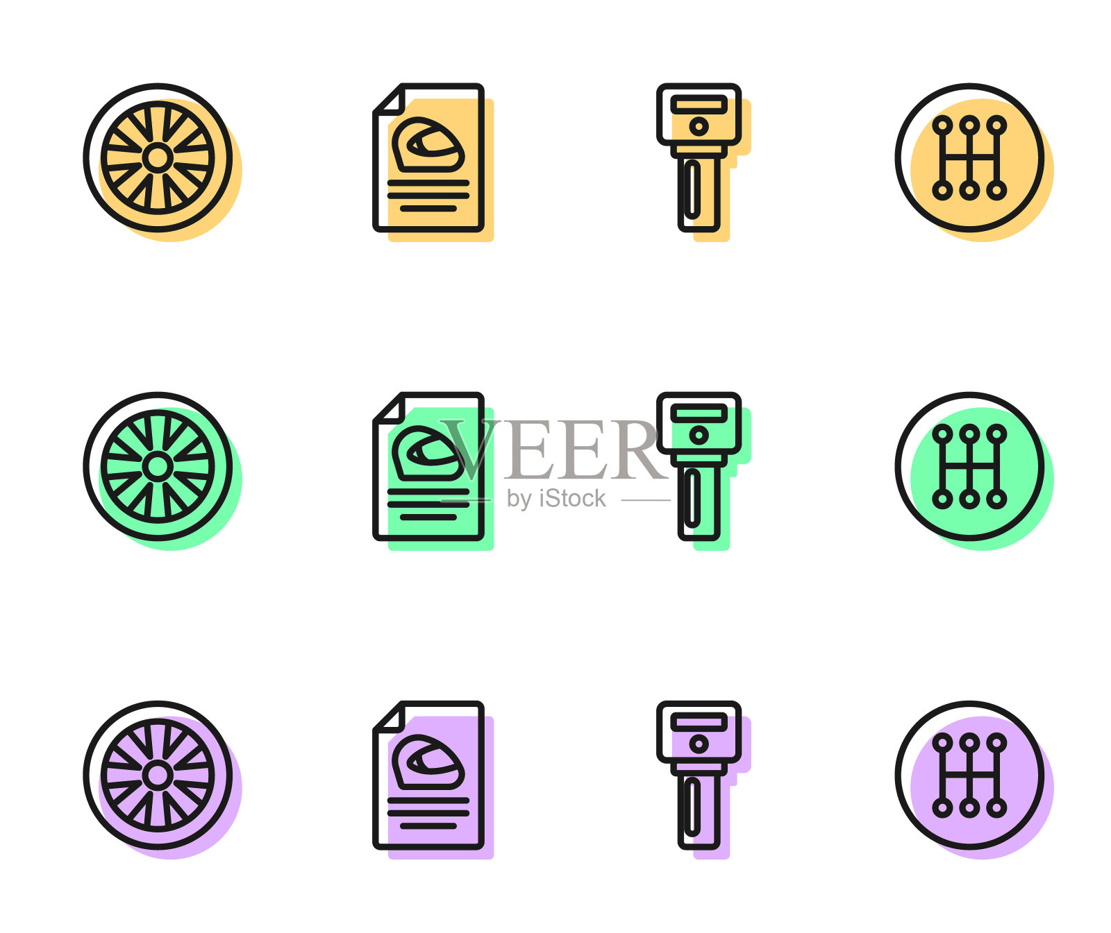 设置线汽车钥匙与遥控，合金车轮汽车，赛车头盔和变速杆图标。向量图标素材