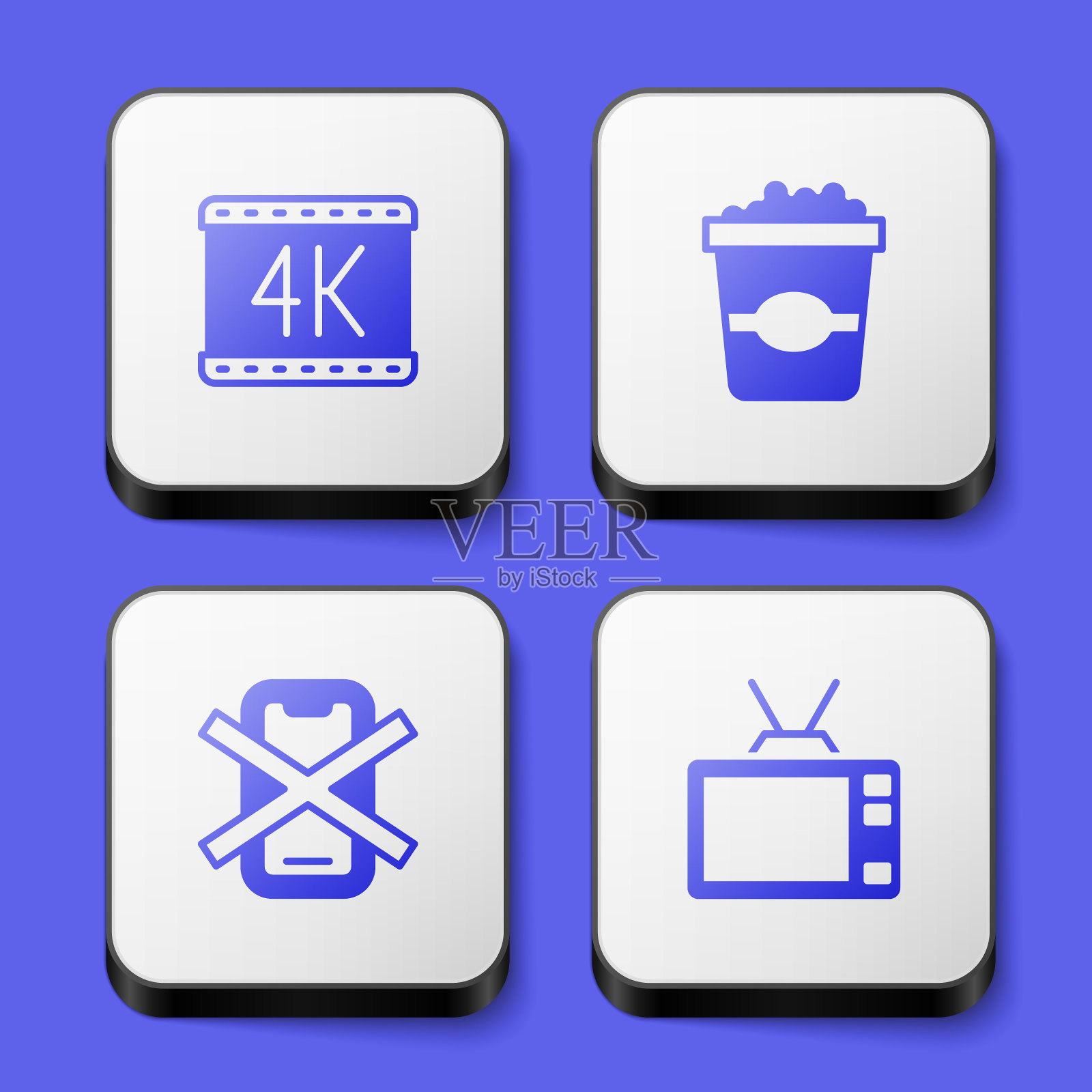 可以设置4k电影，纸盒爆米花，没有手机和复古电视图标。白色正方形按钮。向量图标素材