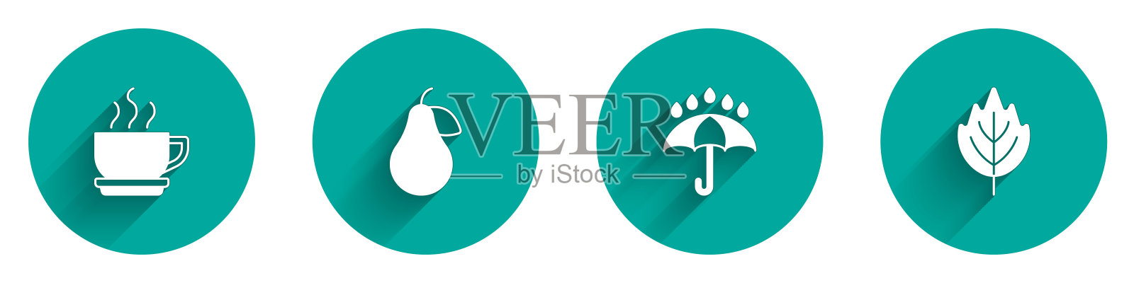 设置咖啡杯，梨，雨伞和雨滴和叶子图标与长阴影。向量图标素材