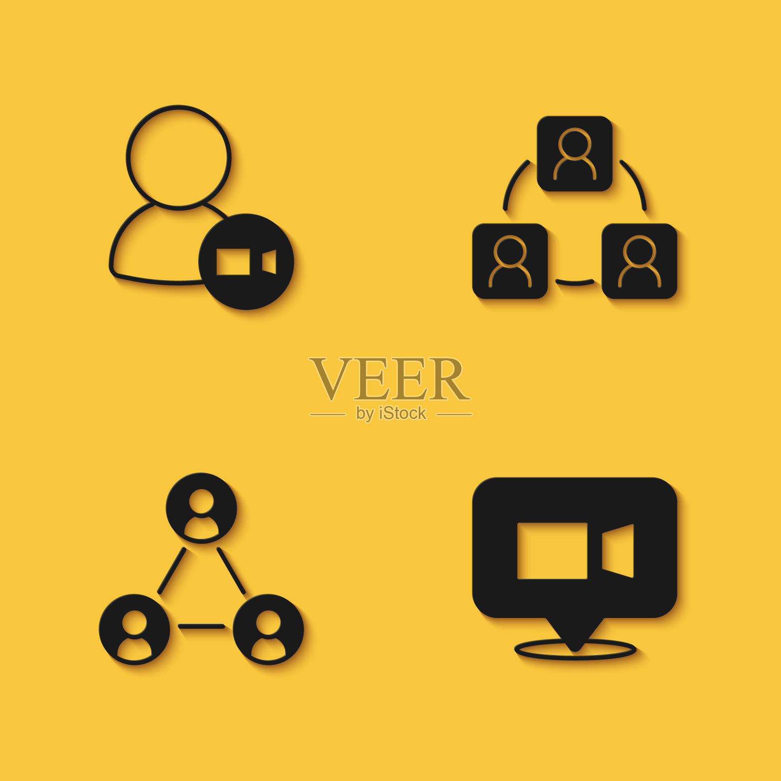 设置视频聊天会议、会议和长阴影图标。向量图标素材