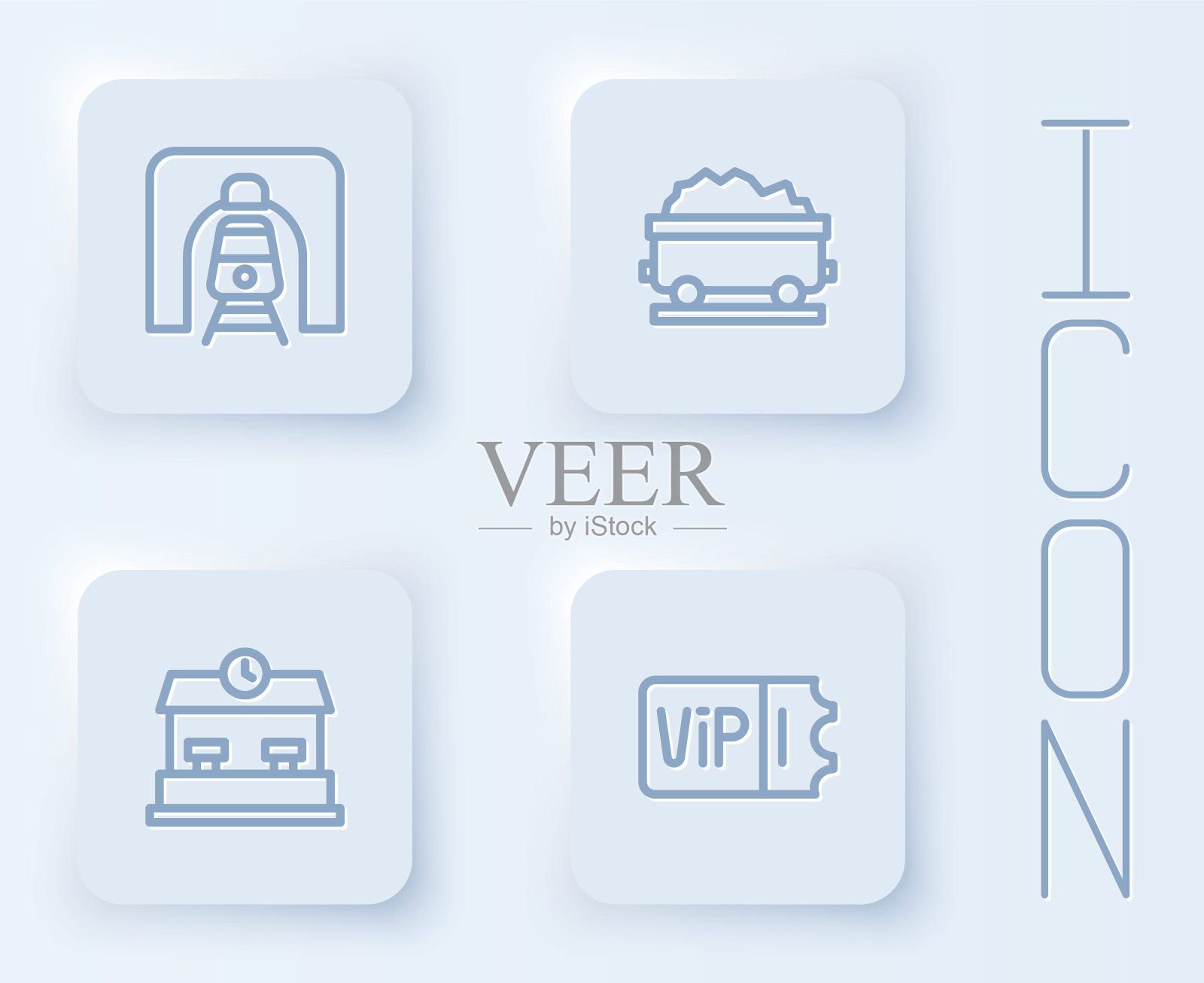 可设铁路隧道列车、煤车、火车站及票务。白色正方形按钮。向量插画图片素材