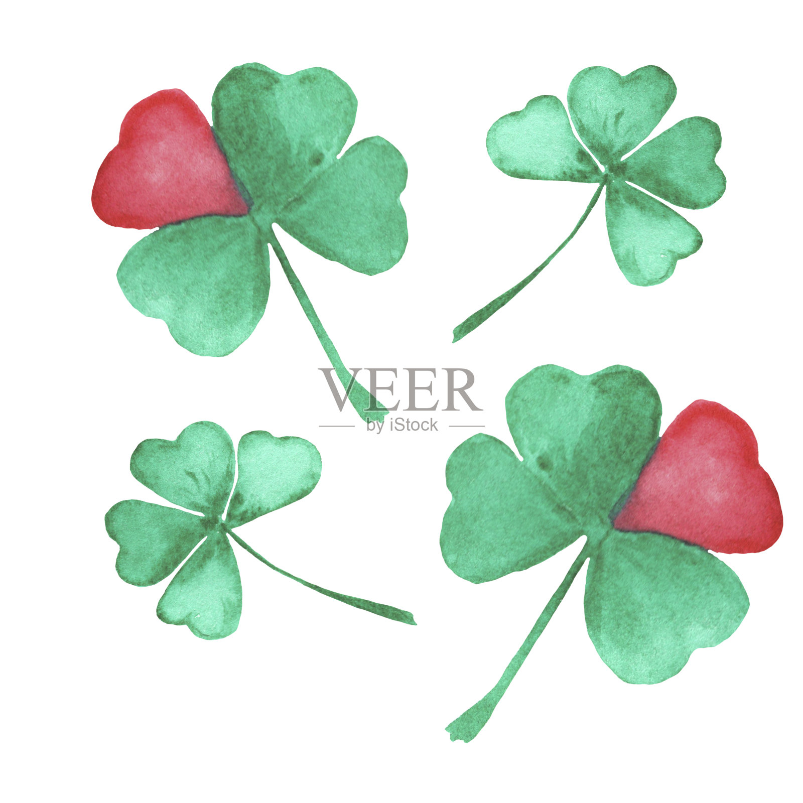 三叶草的叶子上有红心。水彩与象征好运的四叶三叶草，浪漫的插图为爱尔兰情人节，圣帕特里克节插画图片素材
