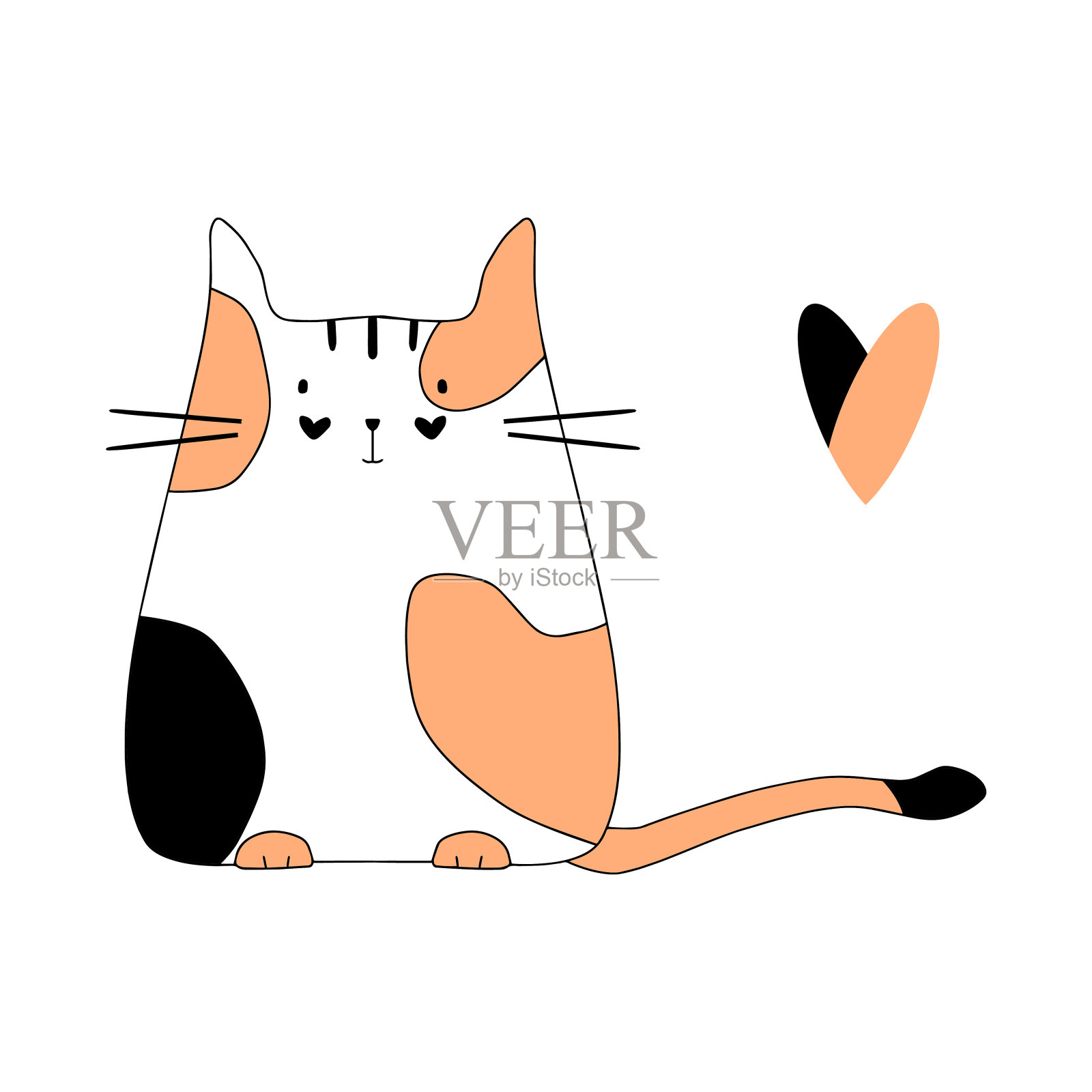 白猫与红黑点平面插图手绘孤立矢量简单草图插画图片素材