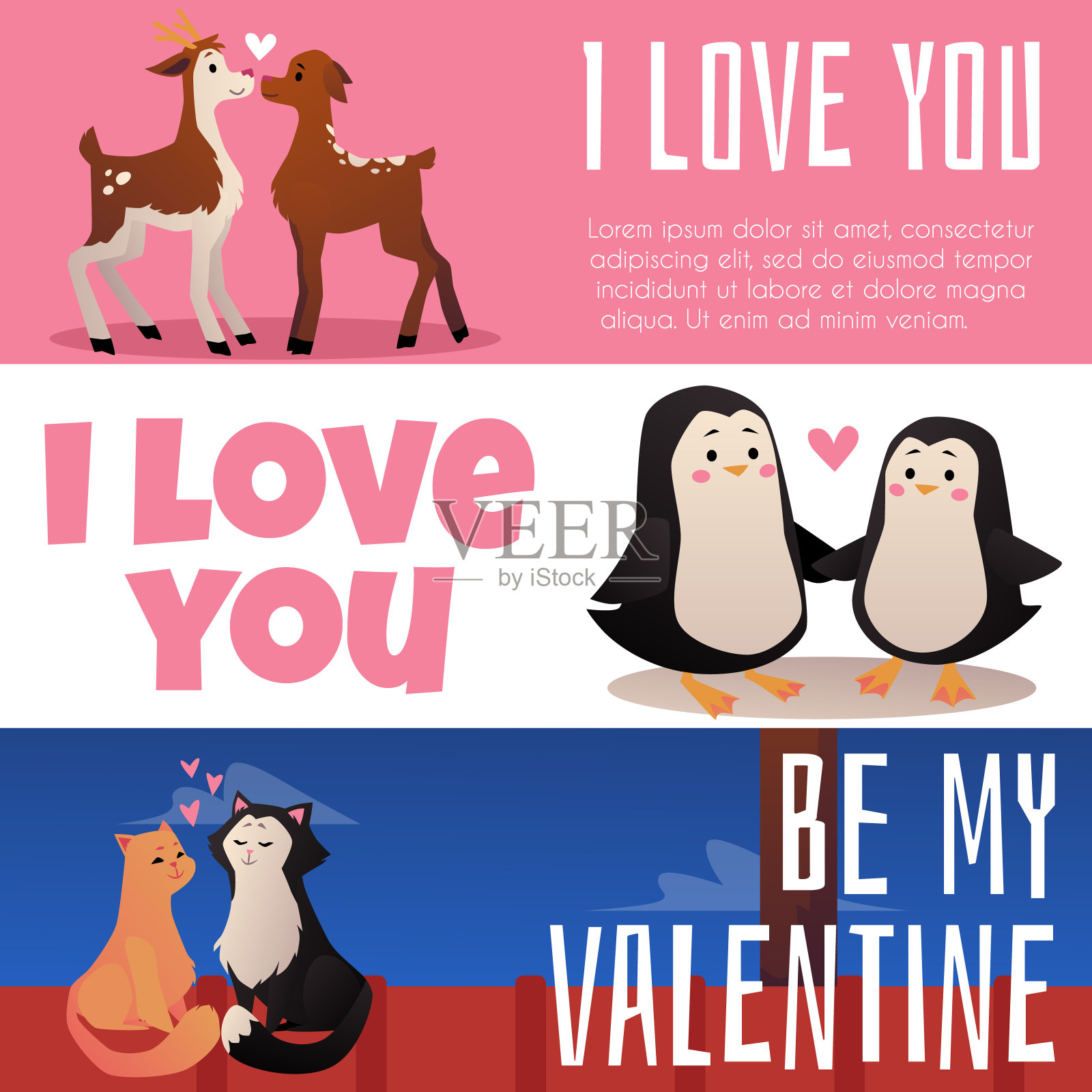 情人节横幅与动物在爱的卡通平面矢量插图。插画图片素材