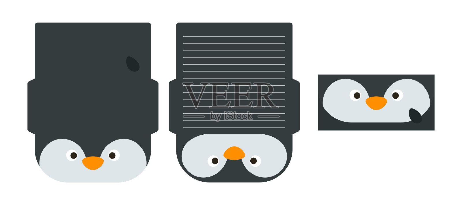 可爱可爱的企鹅信写字文具纸激光切割卡模板。用于问候、邀请、感谢卡的动物设计。矢量插图。插画图片素材