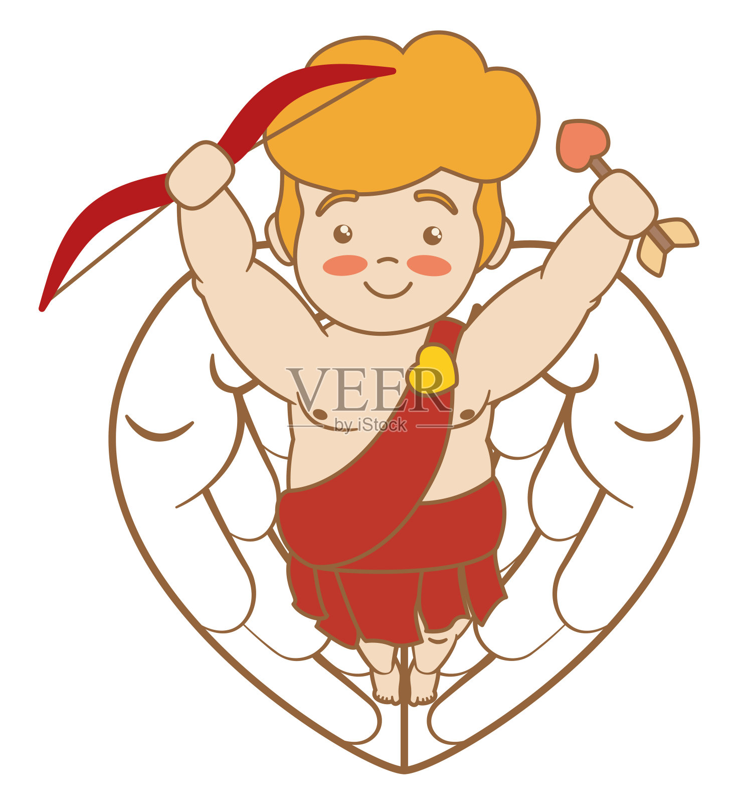 可爱的脸红丘比特飞行与弓和箭，矢量插图设计元素图片