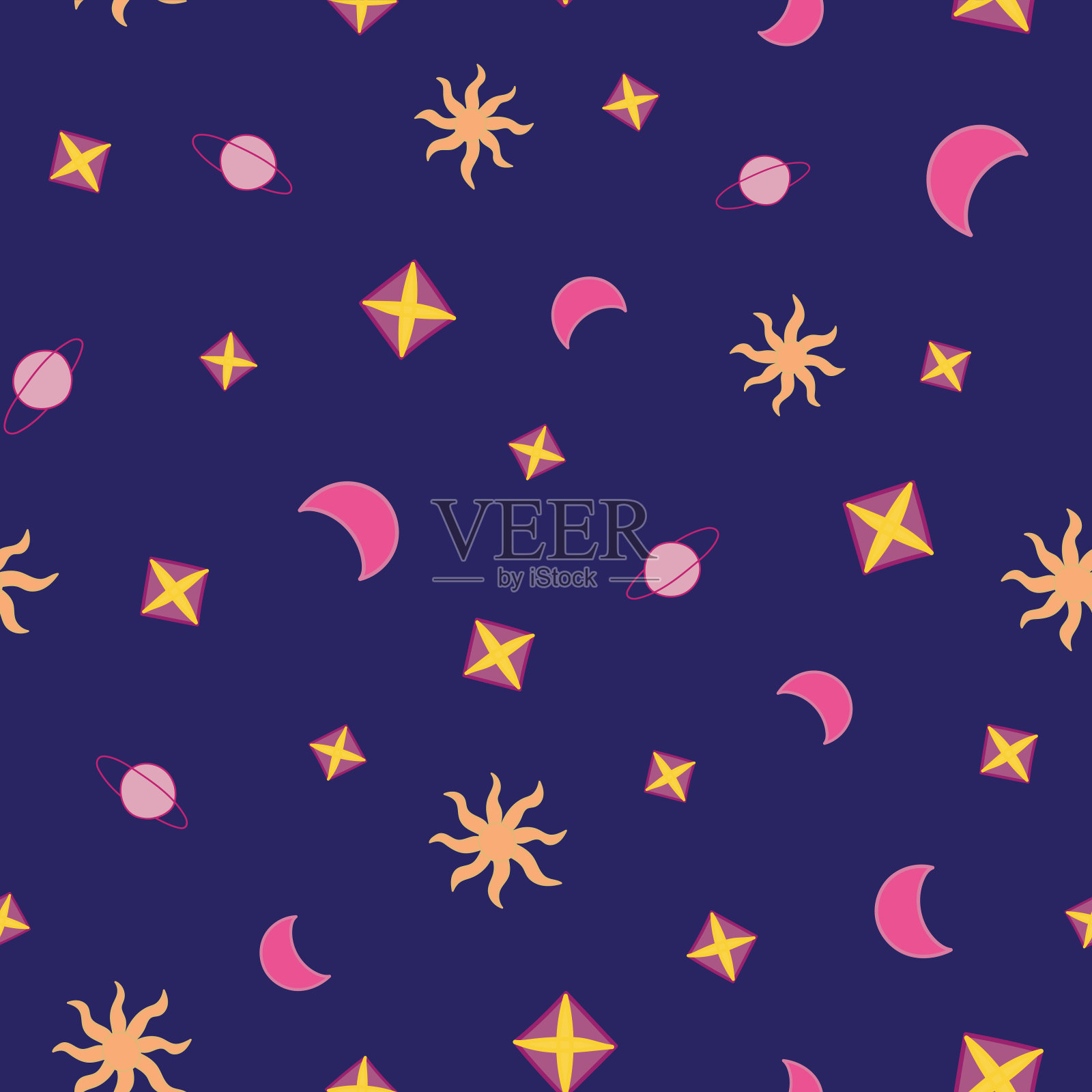 天体无缝模式。在紫色背景上手绘天文物体。插画图片素材