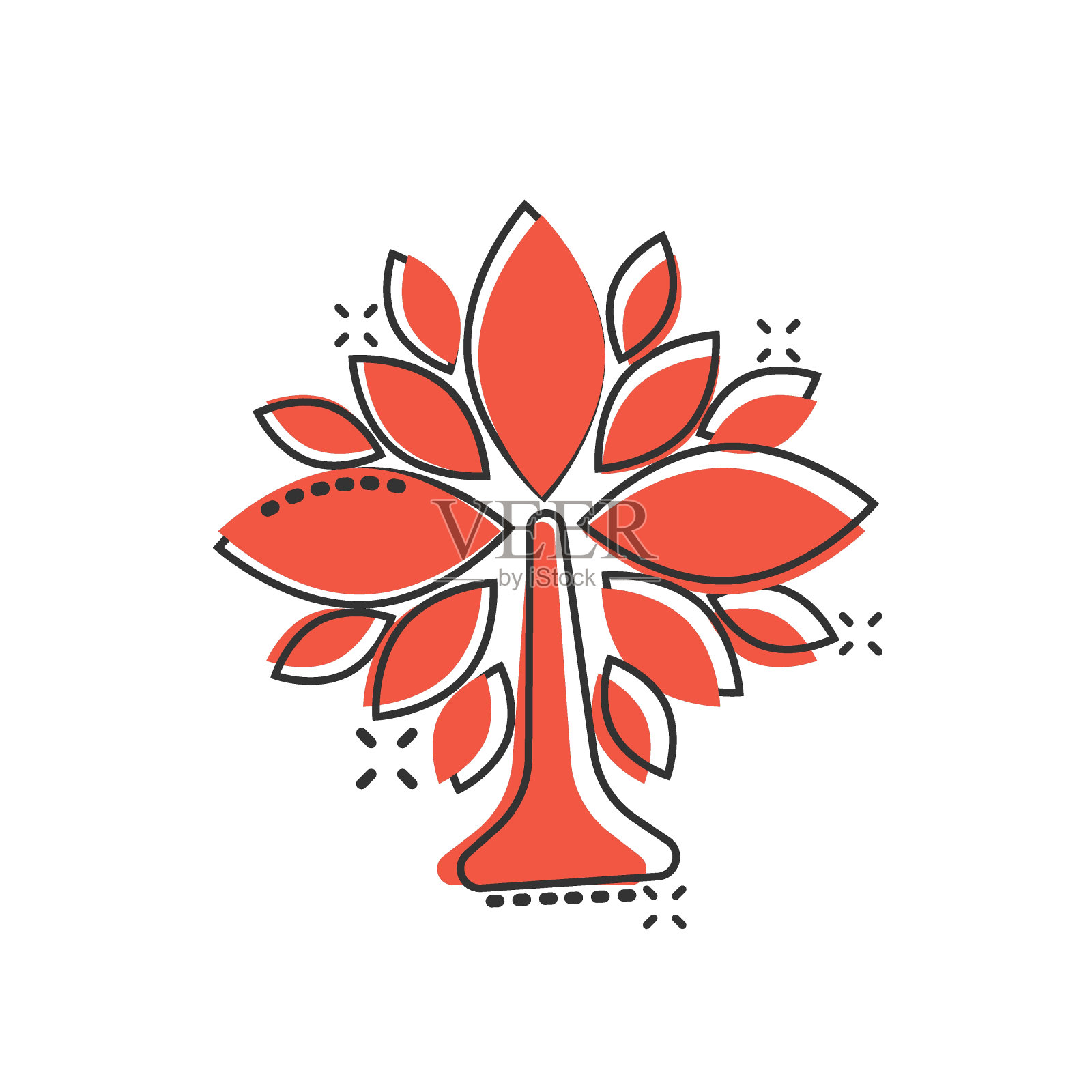 叶图标在漫画风格。植物卡通向量插图在白色孤立的背景。花溅效果标识经营理念。插画图片素材