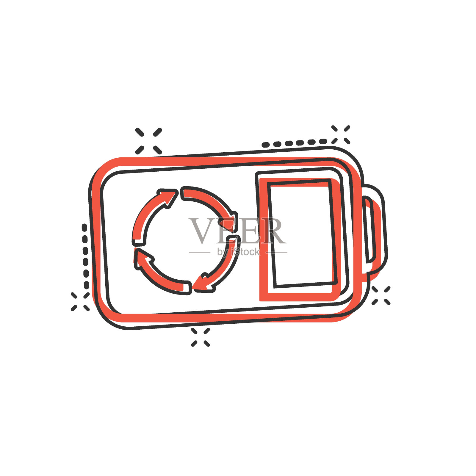 电池图标在漫画风格。累加器卡通向量插图在白色孤立的背景。能量充电器飞溅效应的经营理念。图标素材