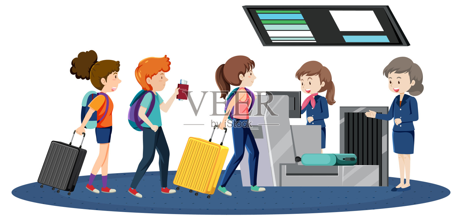 在值机柜台排队等候的乘客插画图片素材