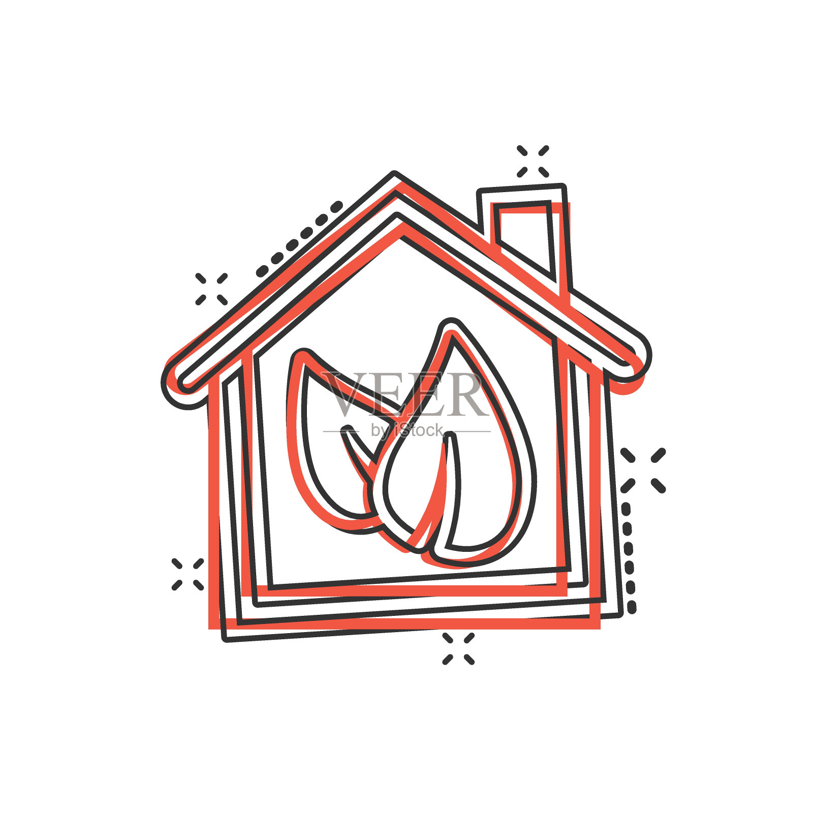 房子与叶图标在漫画风格。花园卡通向量插图在白色孤立的背景。生态飞溅效应标识经营理念。插画图片素材