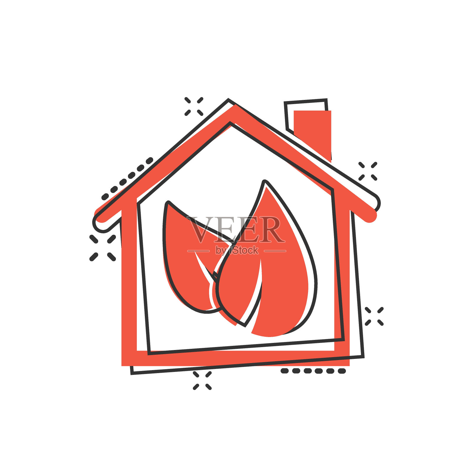 房子与叶图标在漫画风格。花园卡通向量插图在白色孤立的背景。生态飞溅效应标识经营理念。插画图片素材