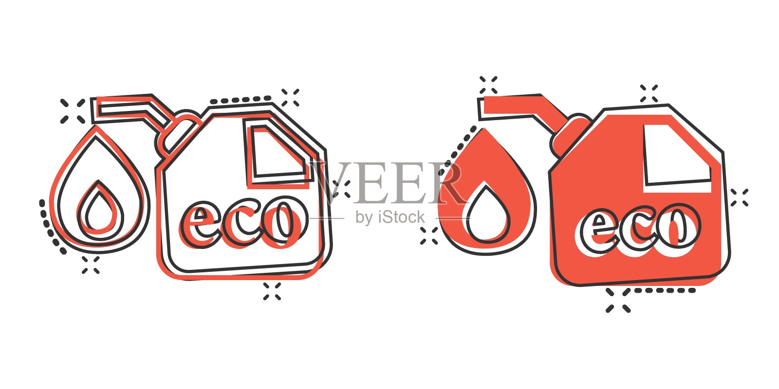 汽油罐图标在漫画风格。汽油可以卡通矢量插图在白色孤立的背景。燃油容器喷溅效果标识的经营理念。插画图片素材