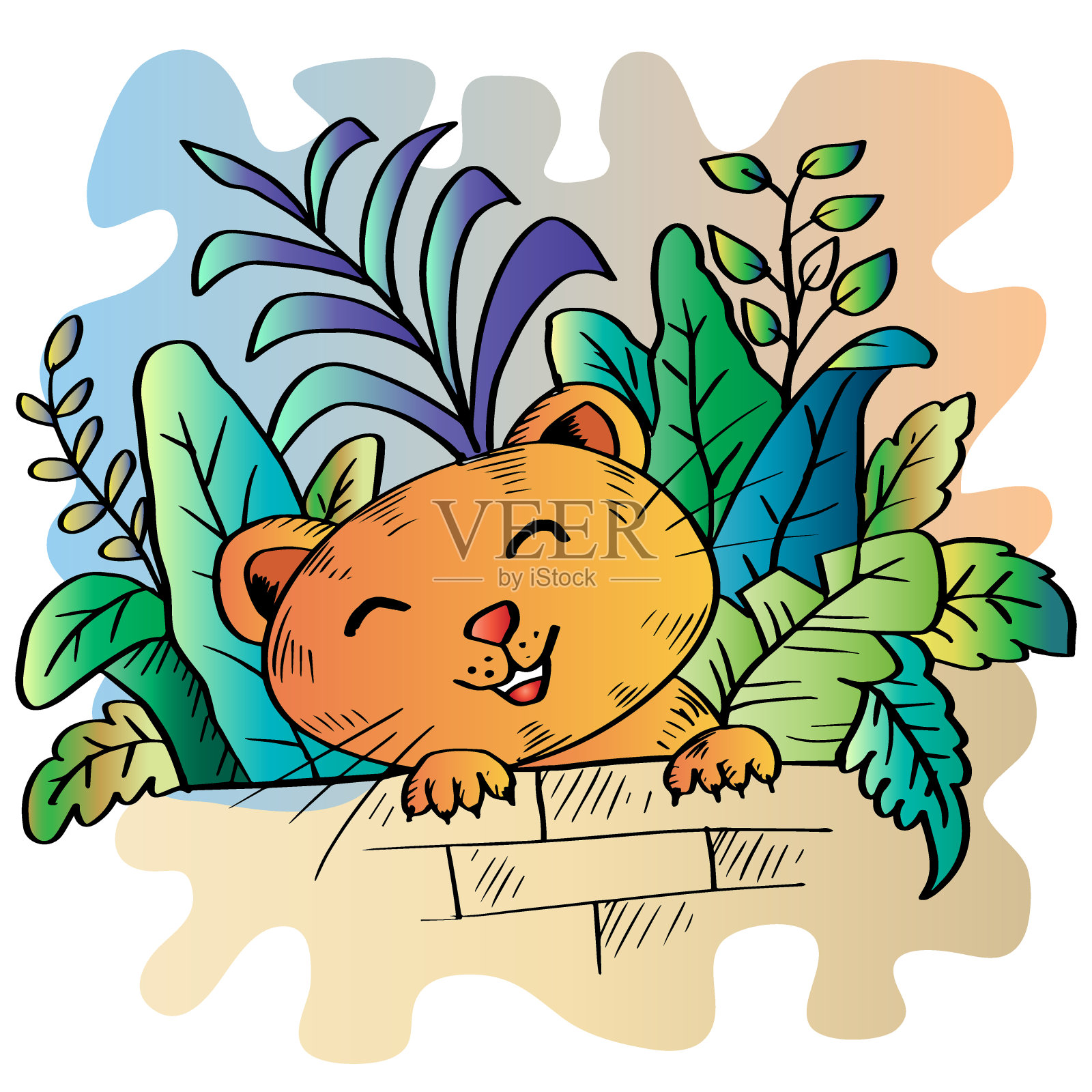 卡通猫躲在墙后面。插画图片素材