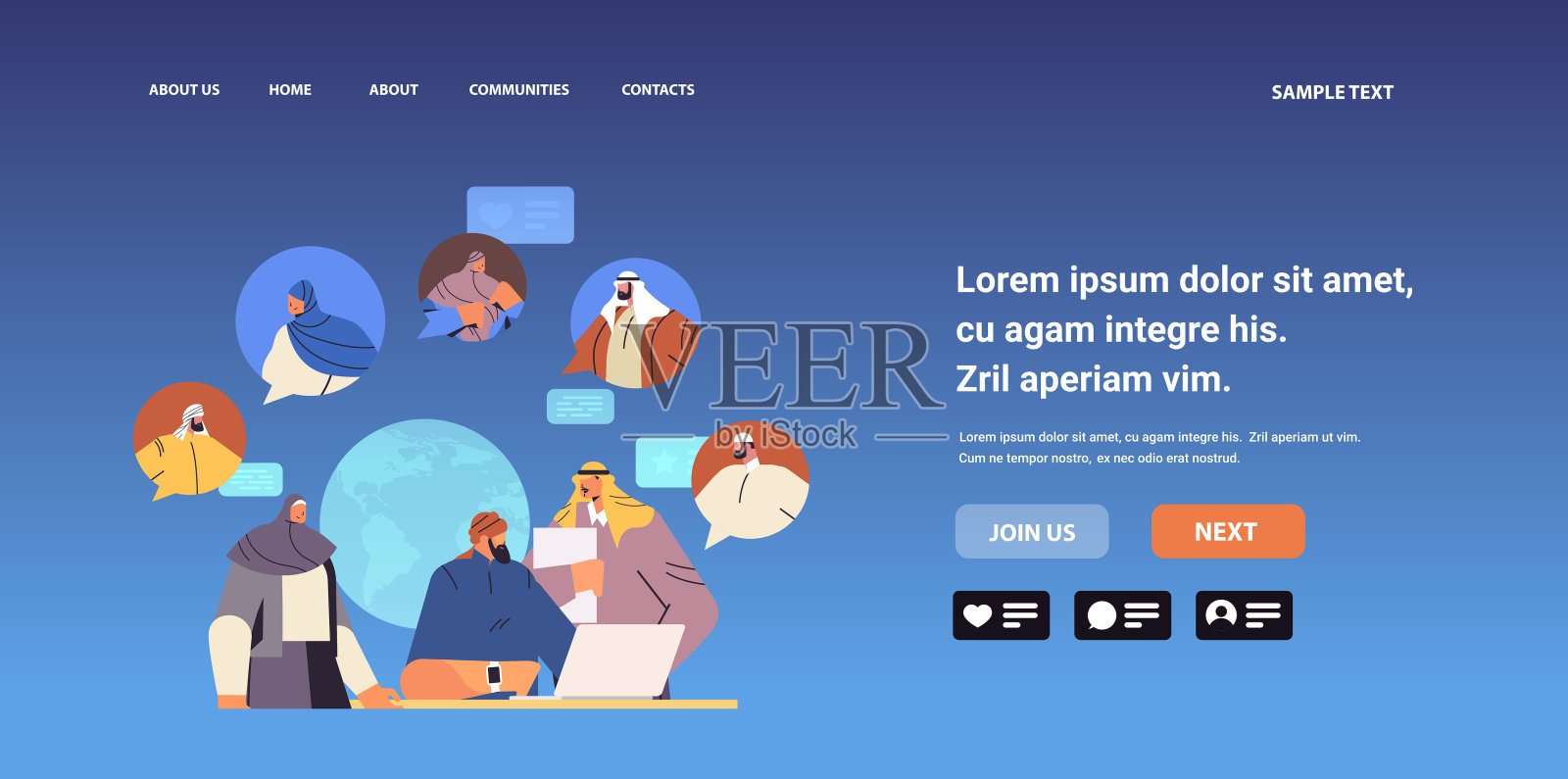 阿拉伯商人在会议期间讨论聊天泡泡交流多元文化社会的概念插画图片素材