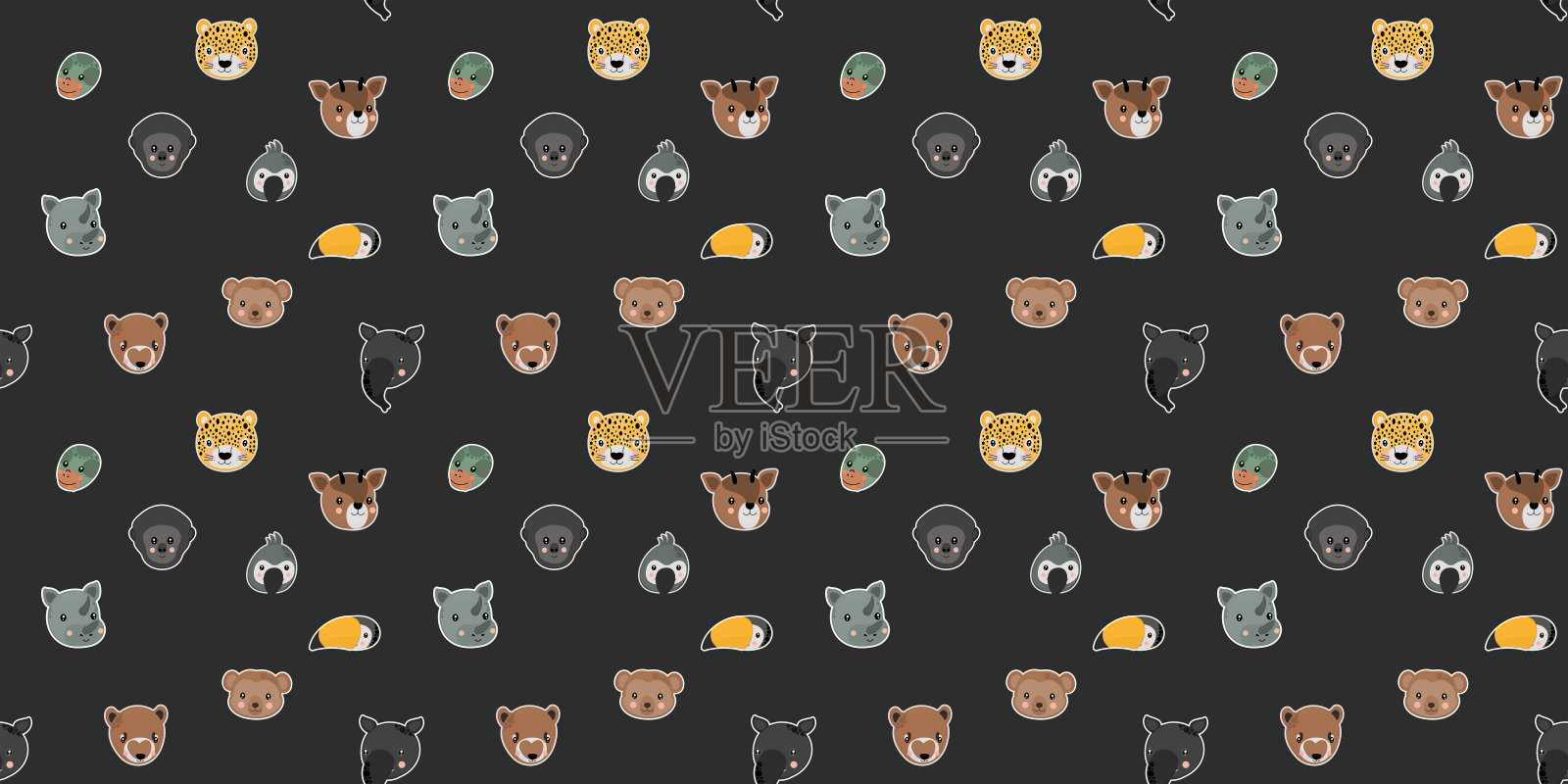 蜘蛛猴、彩虹巨嘴鸟、灰色鹦鹉、犀牛、豹子、霍加狓、蟒蛇、南美洲鼻子、西部大猩猩、貘卡通脸的无缝图案。黑色背景。向量。插画图片素材