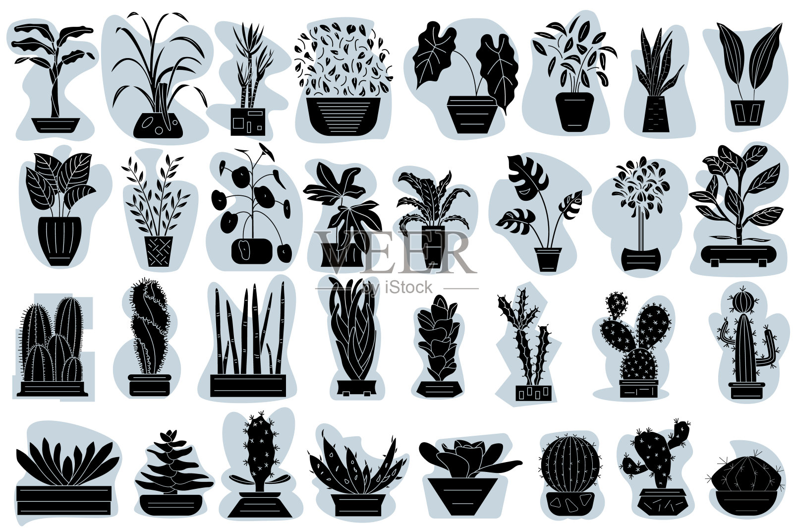 仙人掌，多汁植物，家庭和办公室盆栽植物。集合向量图标，字形，剪影，抽象灰色背景，孤立插画图片素材