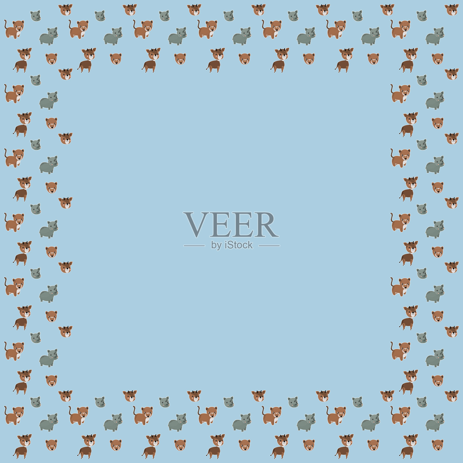 婴儿的正方形框架的有趣的卡通南美鼻子，霍卡皮，小犀牛，和他们的口鼻白色的笔画，就像贴纸在蓝色的背景上。矢量空白模板平面设计。插画图片素材