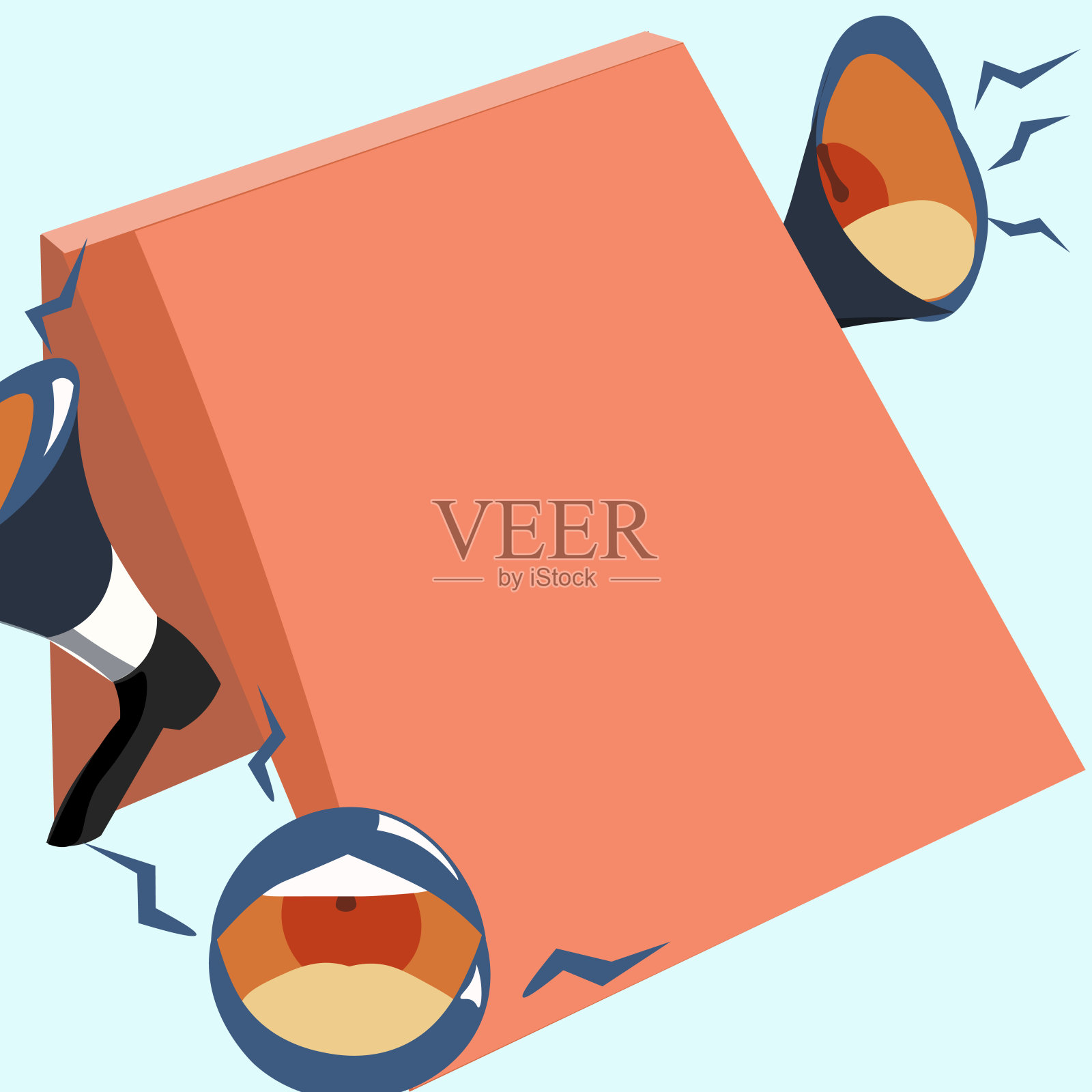 嘴唇扩音器大声向公众宣布新的消息。少女嘴线画使用扩音器宣传后期广告。插画图片素材