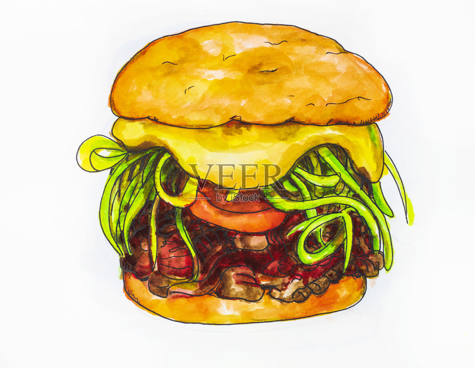 肉，西红柿，煮豆，绿色蔬菜，圆面包，水彩画插画图片素材