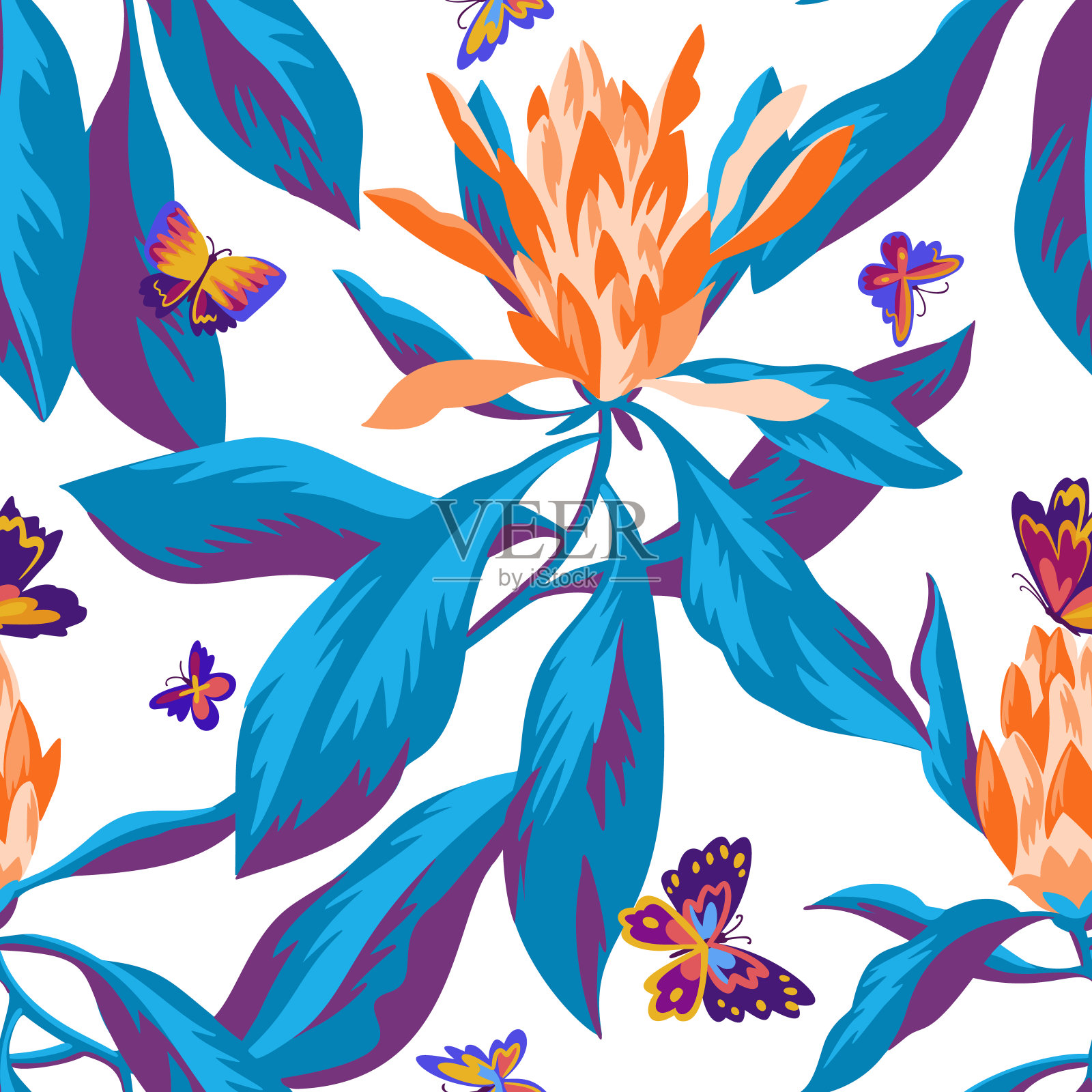 盛开的山龙眼。花无缝图案与大花和蝴蝶。植物结构。时尚的夏季点缀。适用于纺织、织物、包装、服装和床上用品。插画图片素材