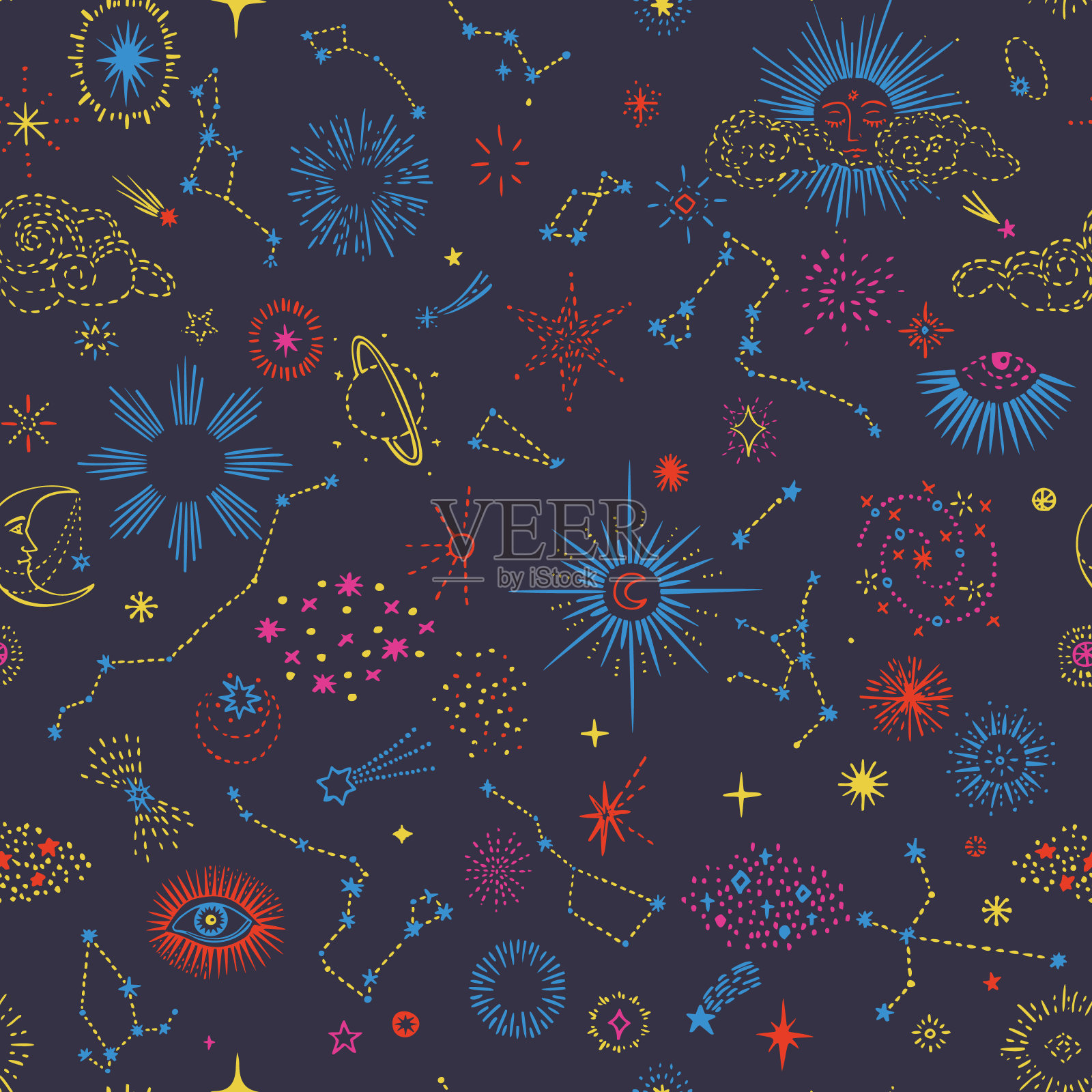 空间背景。恒星无缝图案，恒星，黄道带，星座，太阳，行星，彗星和月亮。徒手画。线条画，素描风格。插画图片素材