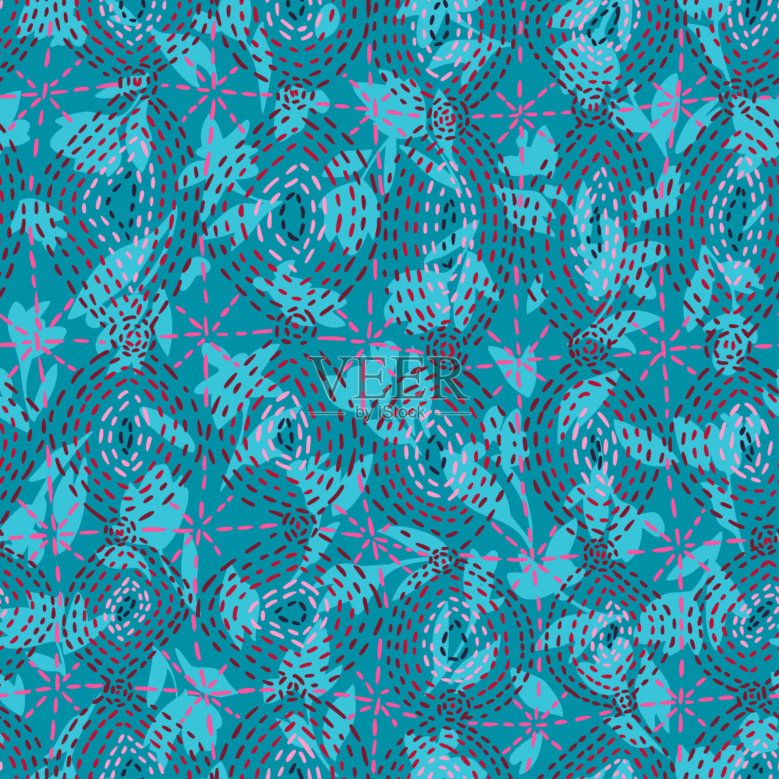 抽象几何背景与花和叶。无缝设计与手绘虚线形成圆圈。虚线催眠模式。复杂的花卉装饰。插画图片素材