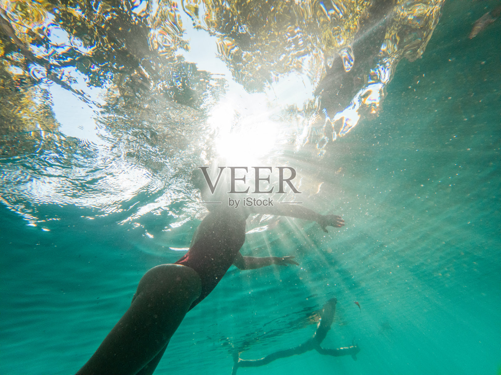 一个女人在热带天然井里潜水，水下拍摄照片摄影图片