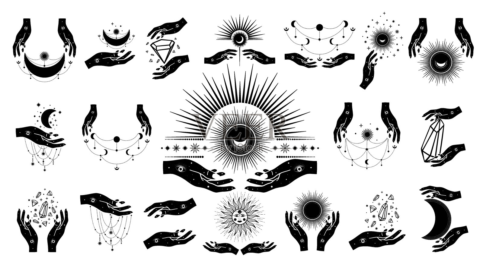 手绘一套神秘的女人手与太阳，月亮，眼睛，钻石，星星在线艺术。精神象征天上的空间。魔法护身符，古董风格，波西米亚风格，纹身，标志。白色隔离的载体插画图片素材
