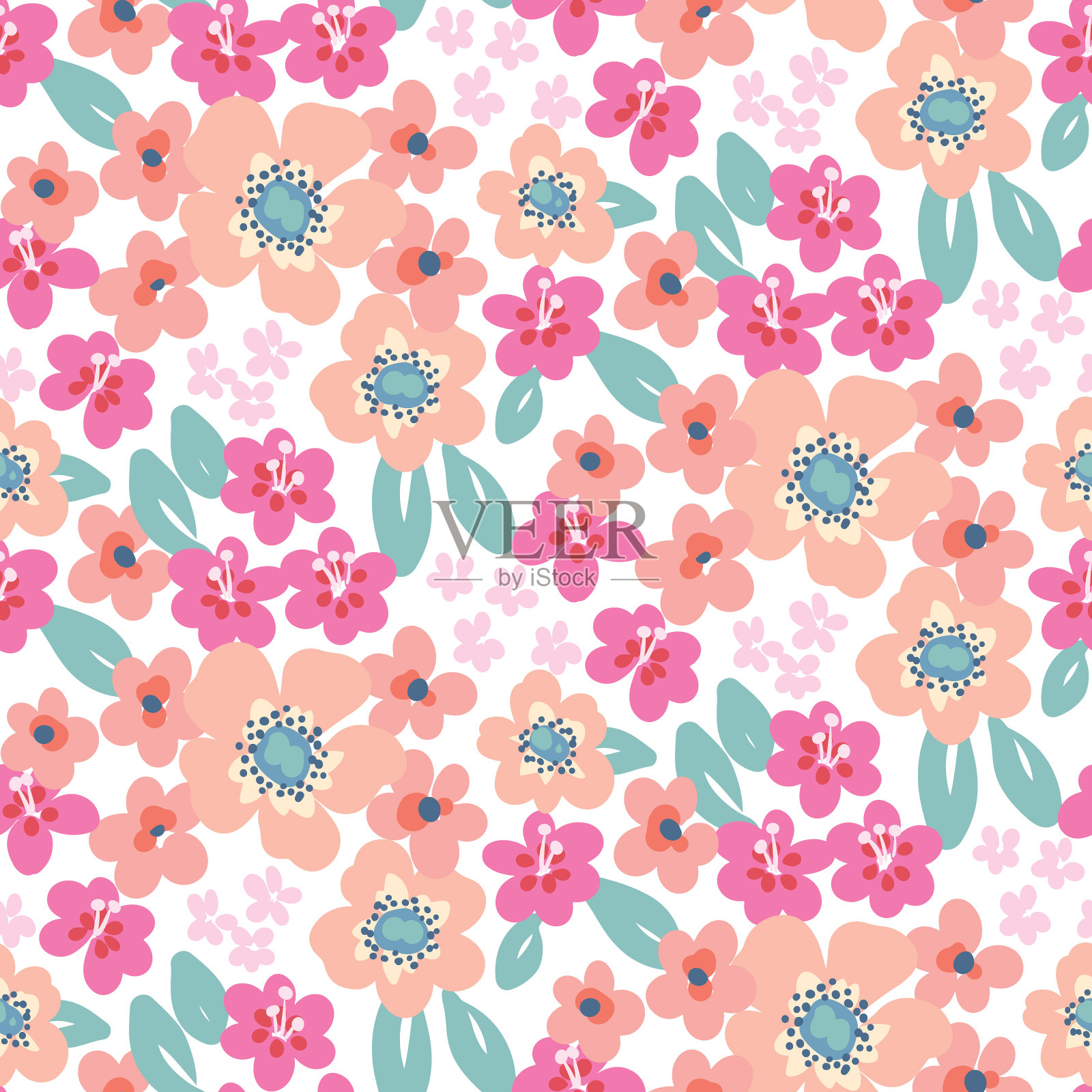 无缝模式与简单的粉红色花朵，白色背景上的叶子。柔和的植物打印与温和的植物。花的背景与手绘的花，叶子。精致的花表面。向量。插画图片素材