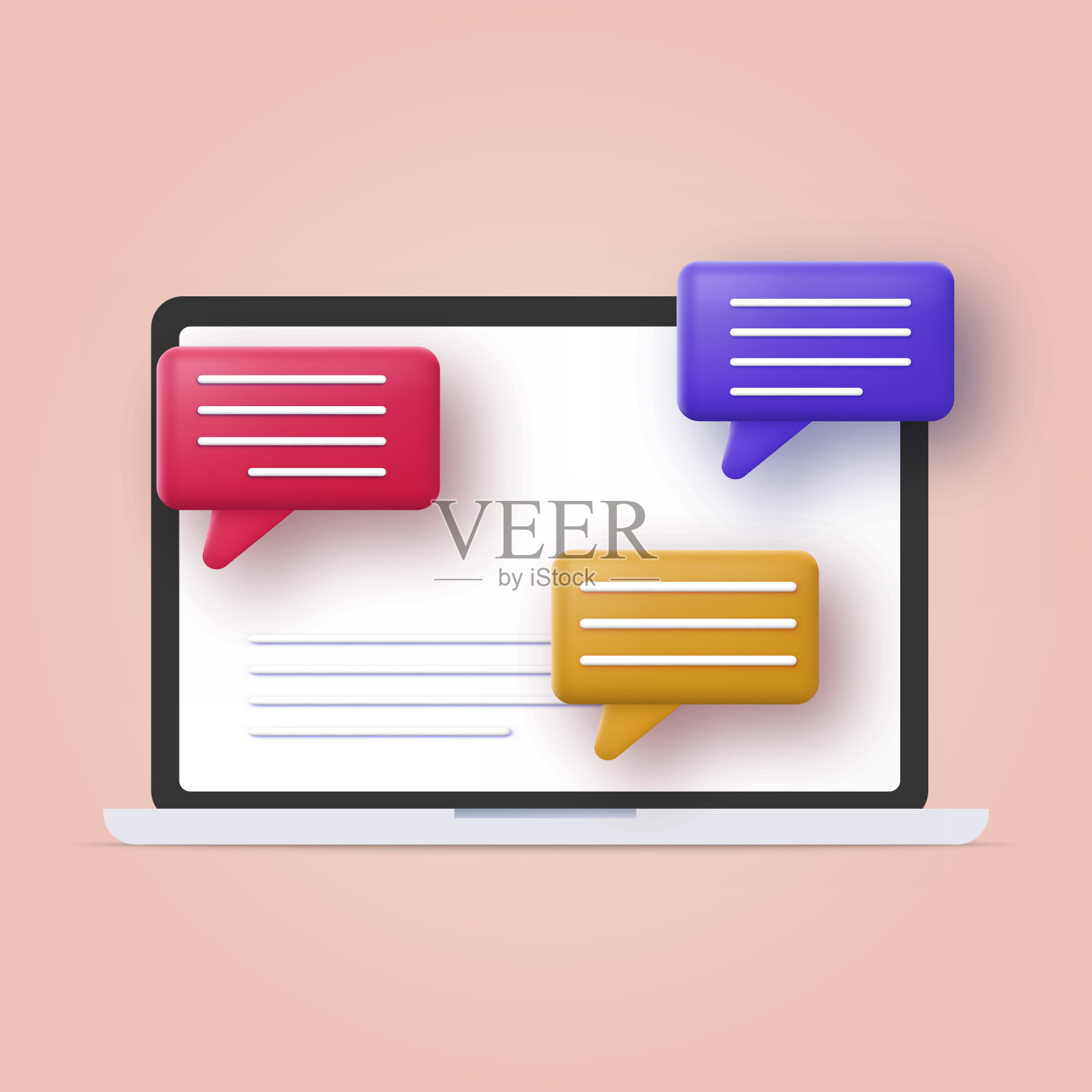 电脑上的3d语音气泡。通信的概念。向量插画图片素材