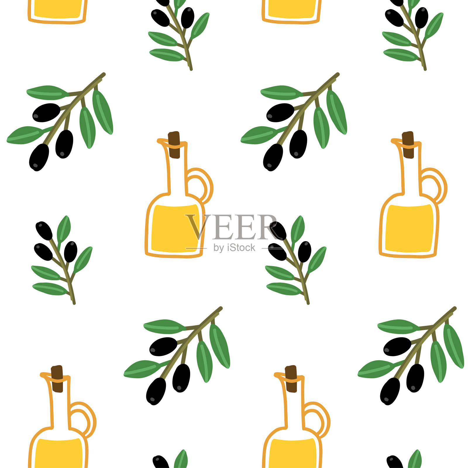 意大利无缝图案，橄榄，树枝和植物油。完美的厨房壁纸，纺织品，包装纸插画图片素材