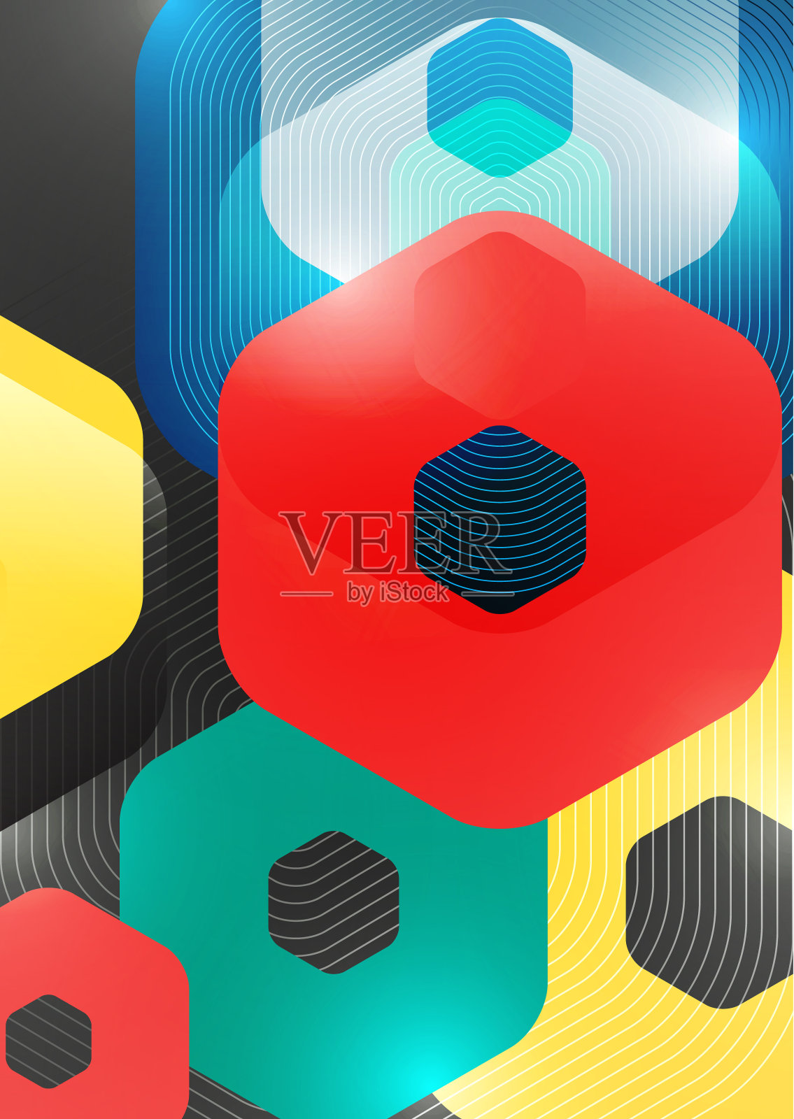 明亮抽象的六边形重叠几何形状在黑暗的背景上。业务演示模板。现代的几何设计。向量插画图片素材