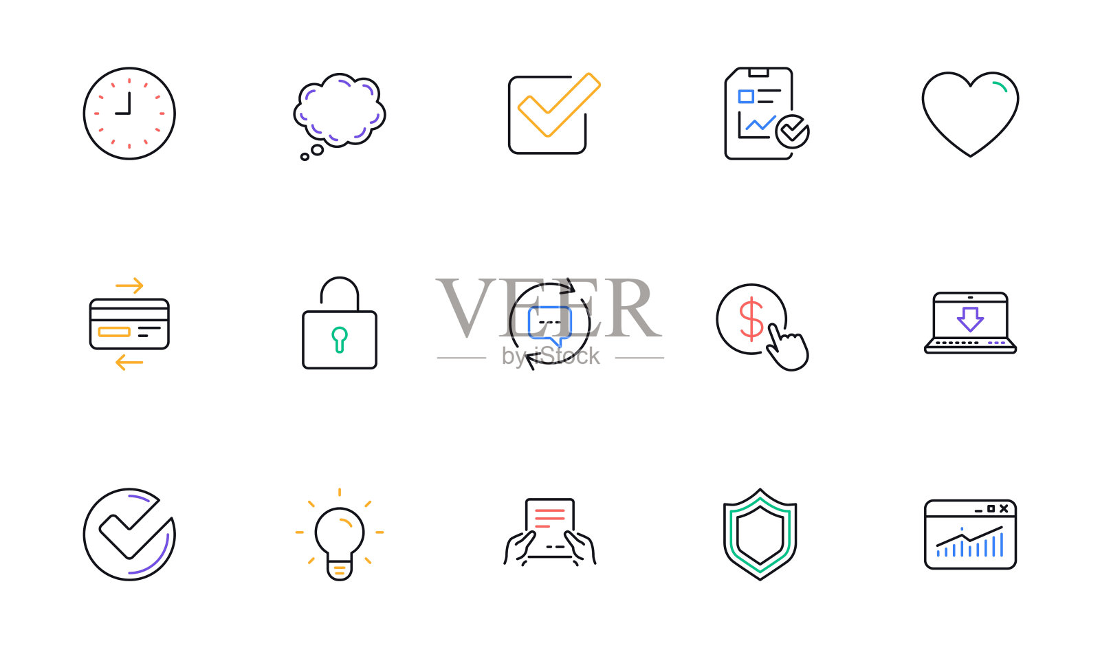 报告，时间和信用卡行图标。统计，灯泡和盾牌。线性的图标集。向量图标素材