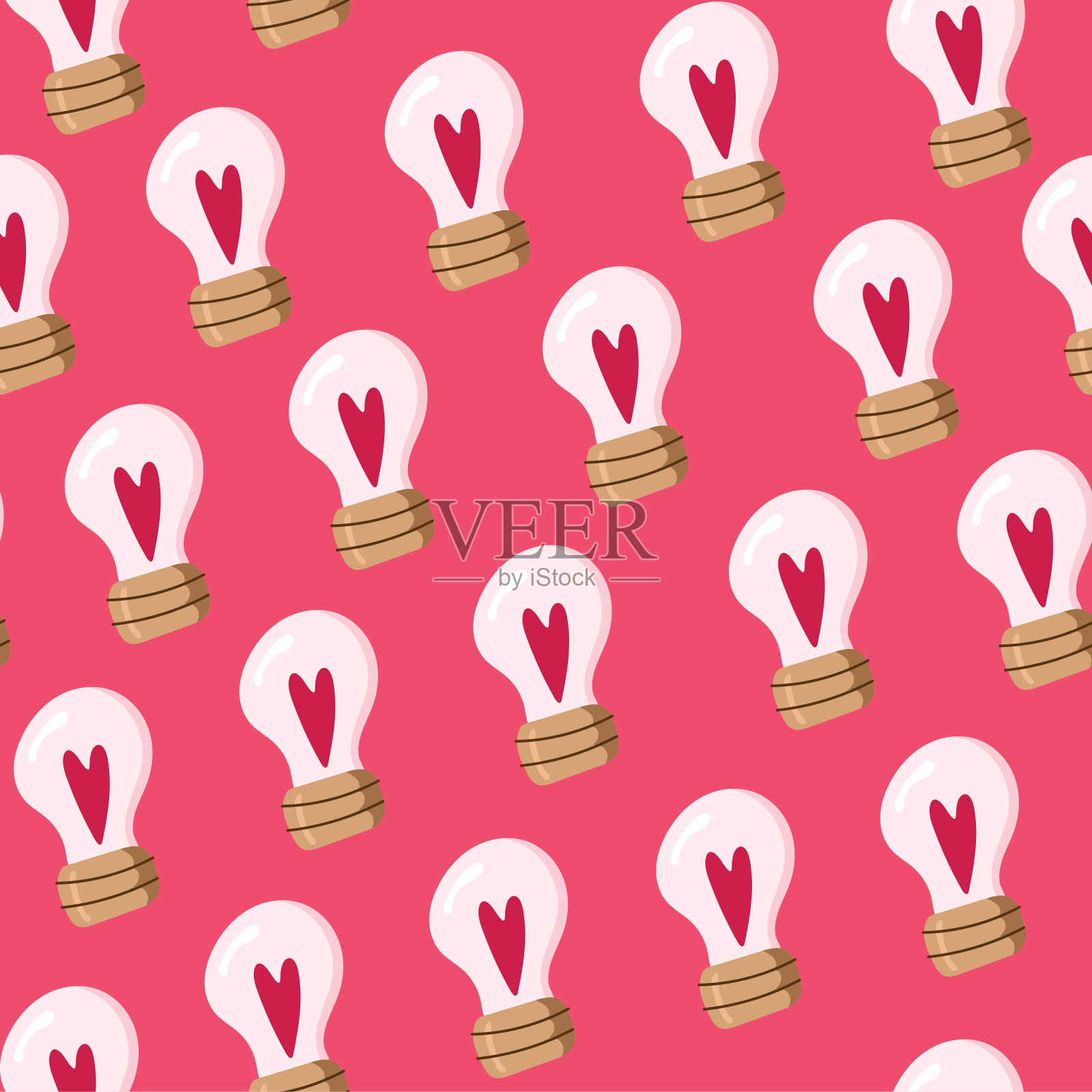 无缝模式的灯泡与一个心在粉红色的背景。包装纸，壁纸，横幅，明信片。矢量插图。手绘。插画图片素材