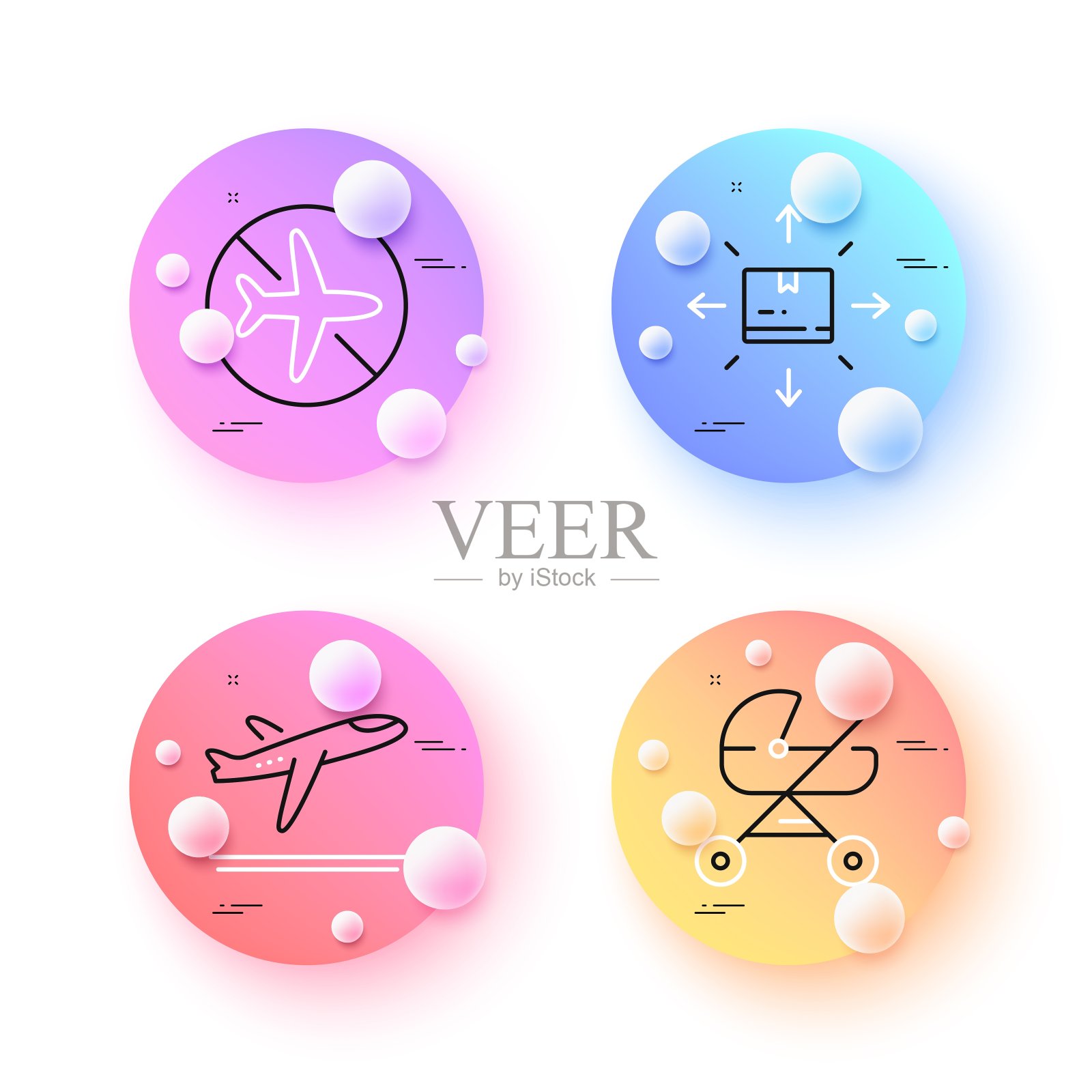 婴儿车，飞行模式和纸板箱最小线图标。对于web应用，打印。向量图标素材