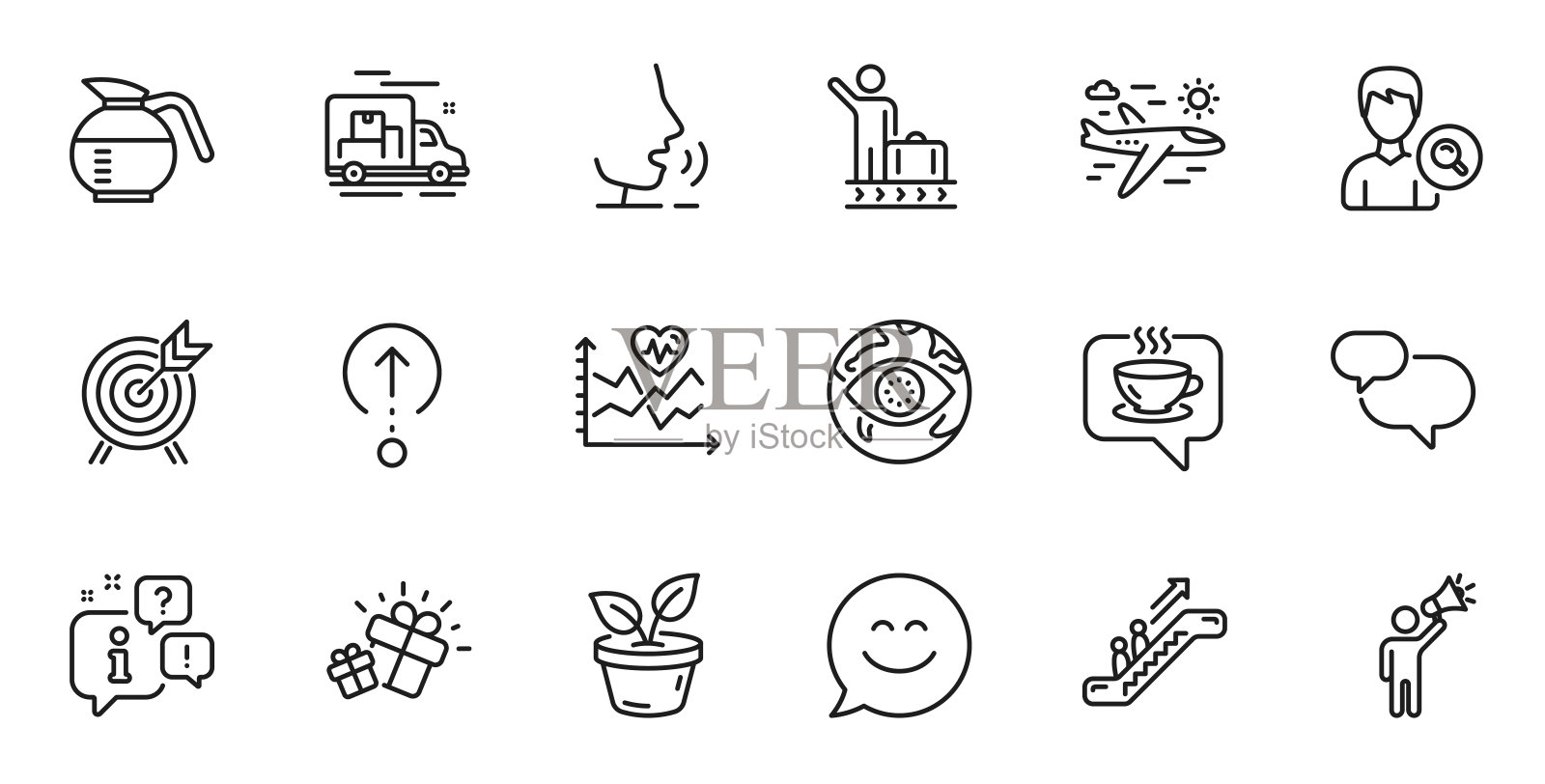 概述集聊天信息，有氧训练和品牌大使线图标的web应用程序。为设计。向量图标素材