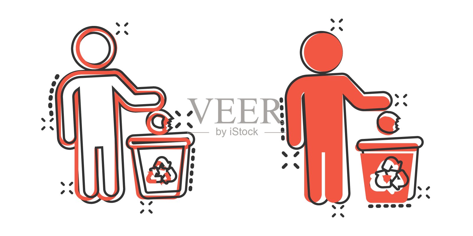 垃圾箱与人图标在漫画风格。循环卡通矢量插图在白色孤立的背景。垃圾桶飞溅效果标识的经营理念。插画图片素材