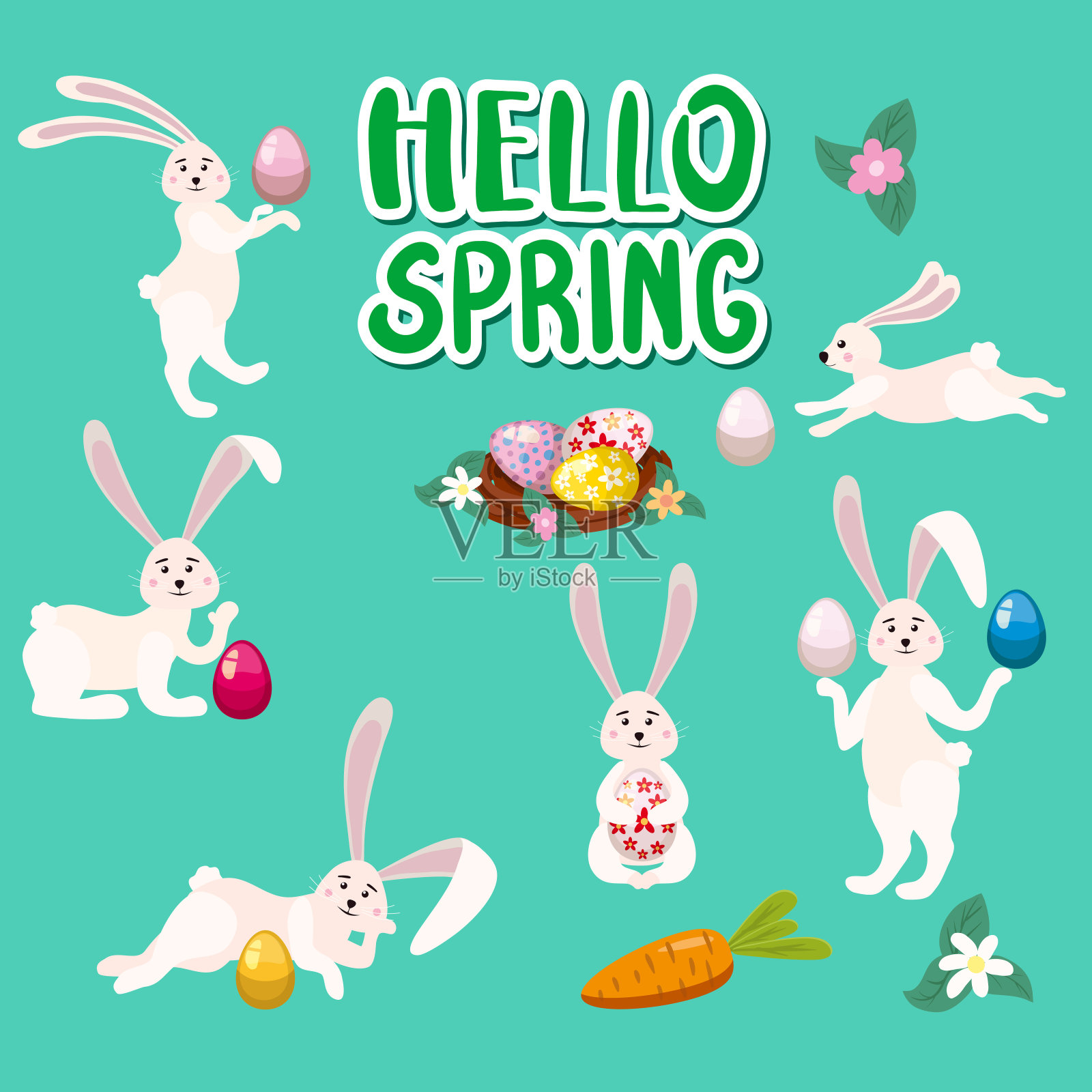 一套可爱的兔子复活节狩猎蛋。卡通有趣的复活节兔子，巢，插图插画图片素材