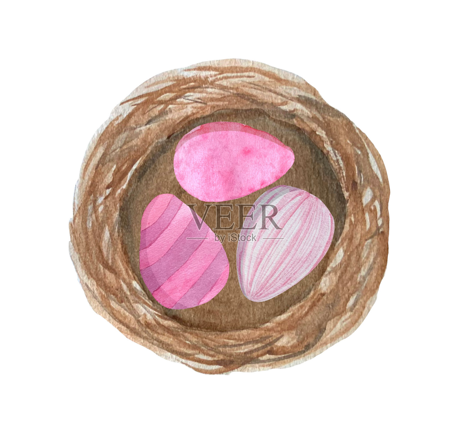 复活节水彩画插图，一个画有粉红色蛋的鸟巢插画图片素材