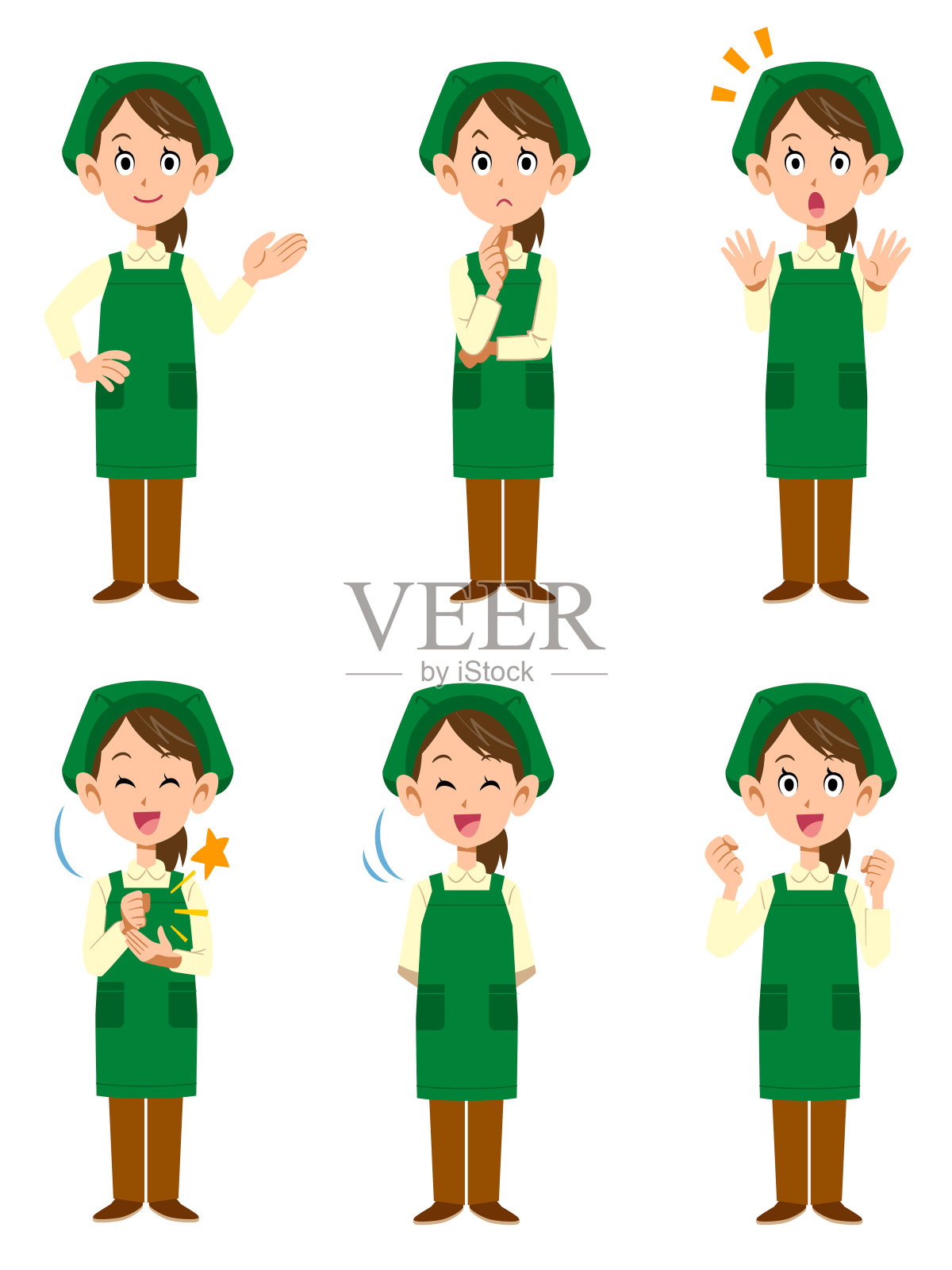 一组6个姿势的一名女店员在超市插画图片素材