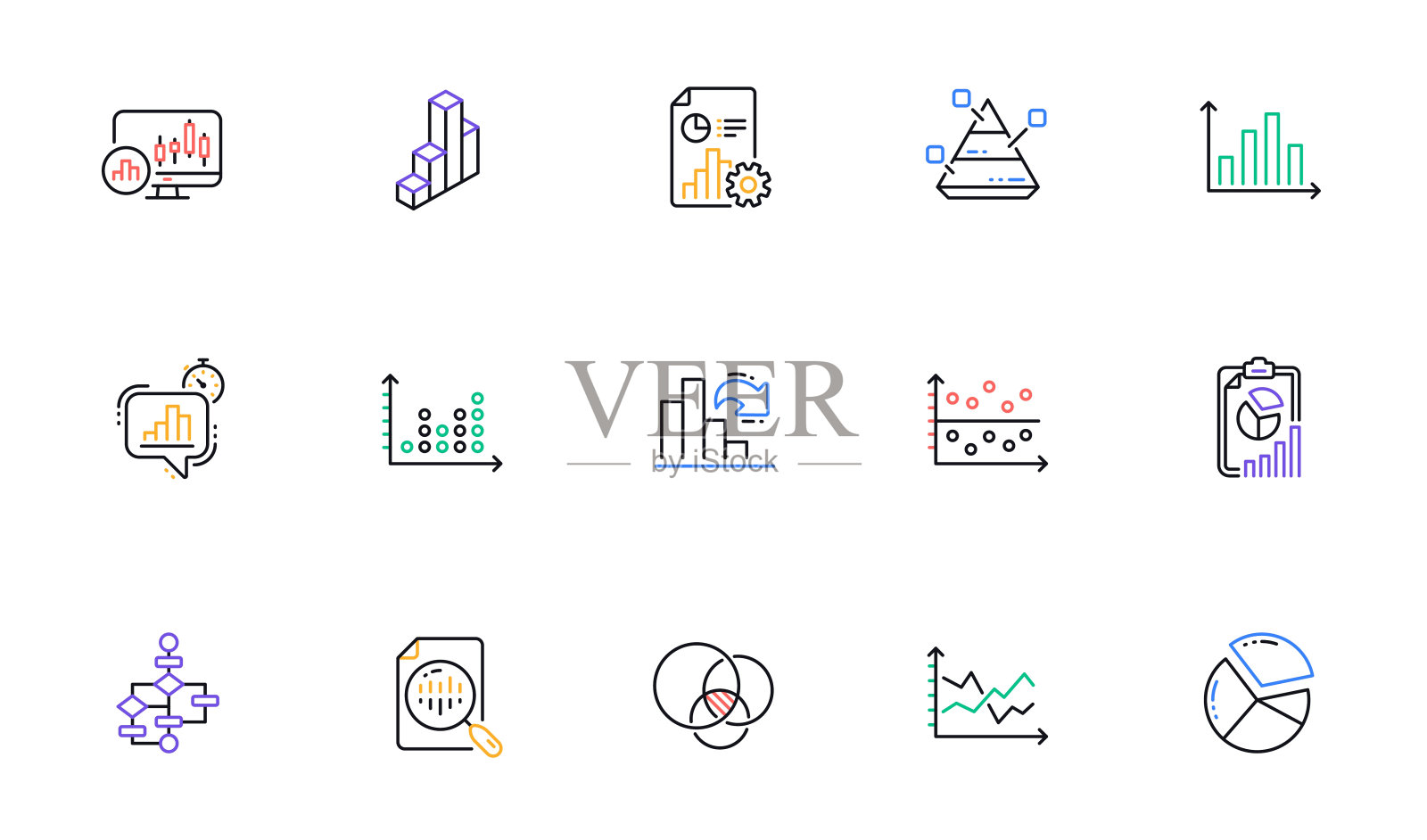 图表和曲线图图标。信息图表，框图和算法。线性的图标集。向量图标素材