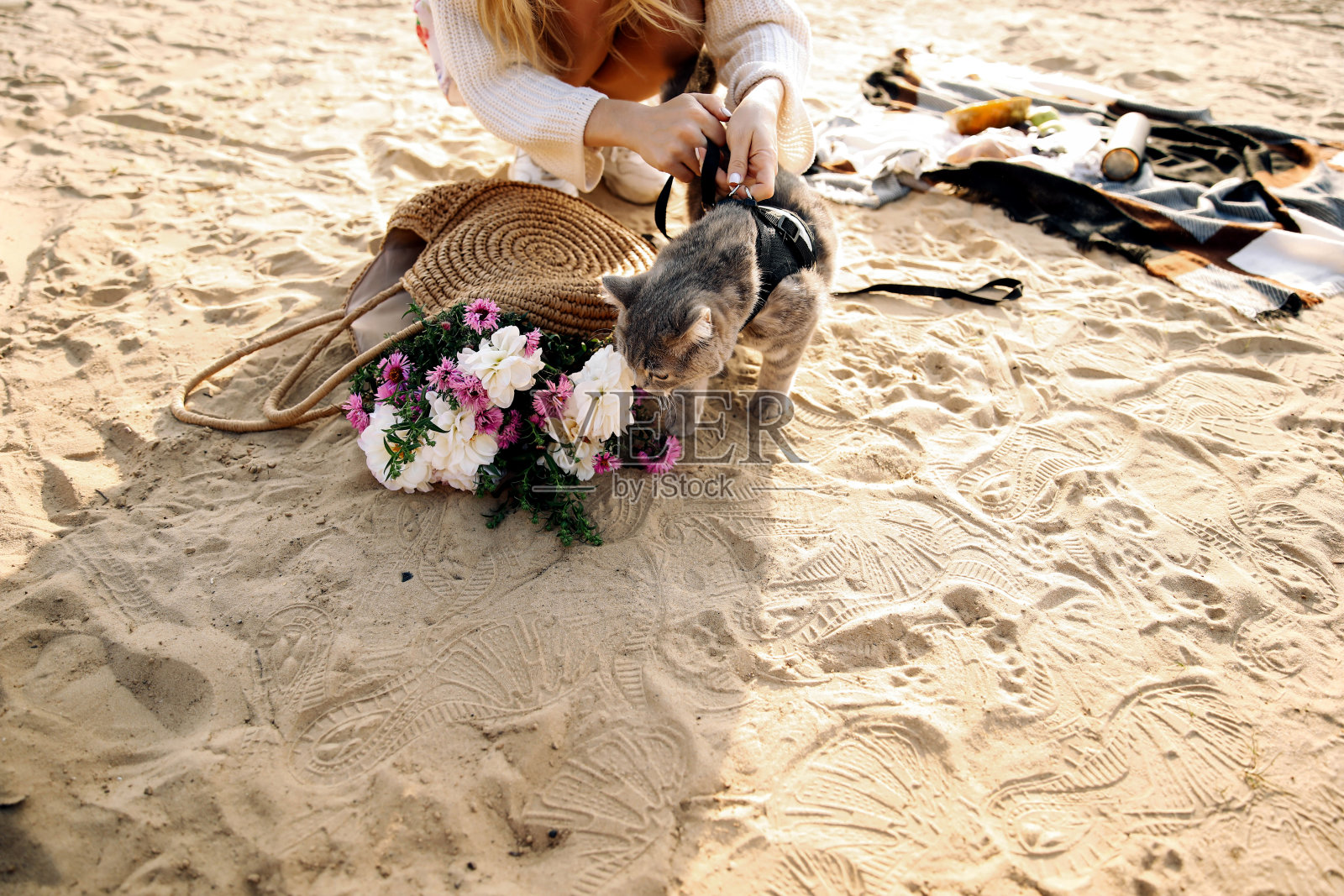 沙滩上戴着狗绳的女人照片摄影图片