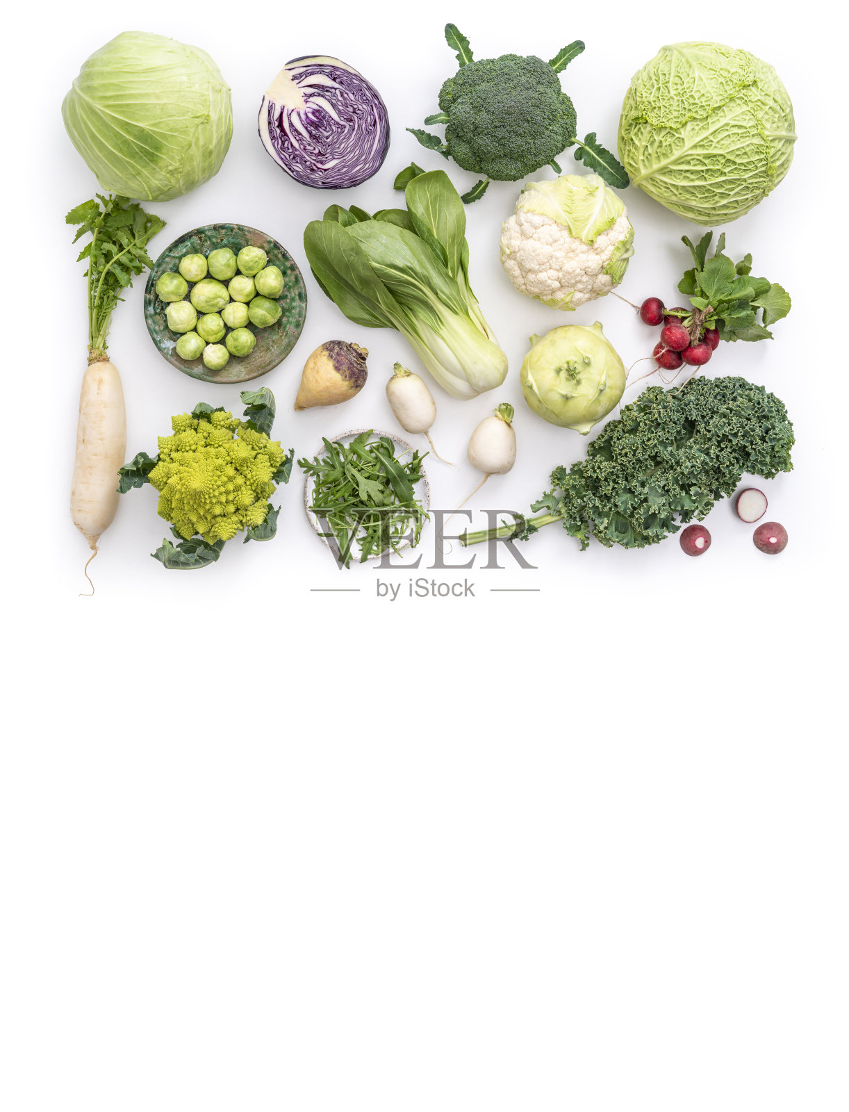 十字花科蔬菜品种如卷心菜，花椰菜，卷心菜，萝卜，羽衣甘蓝，罗马菜，萝卜，芝麻菜照片摄影图片