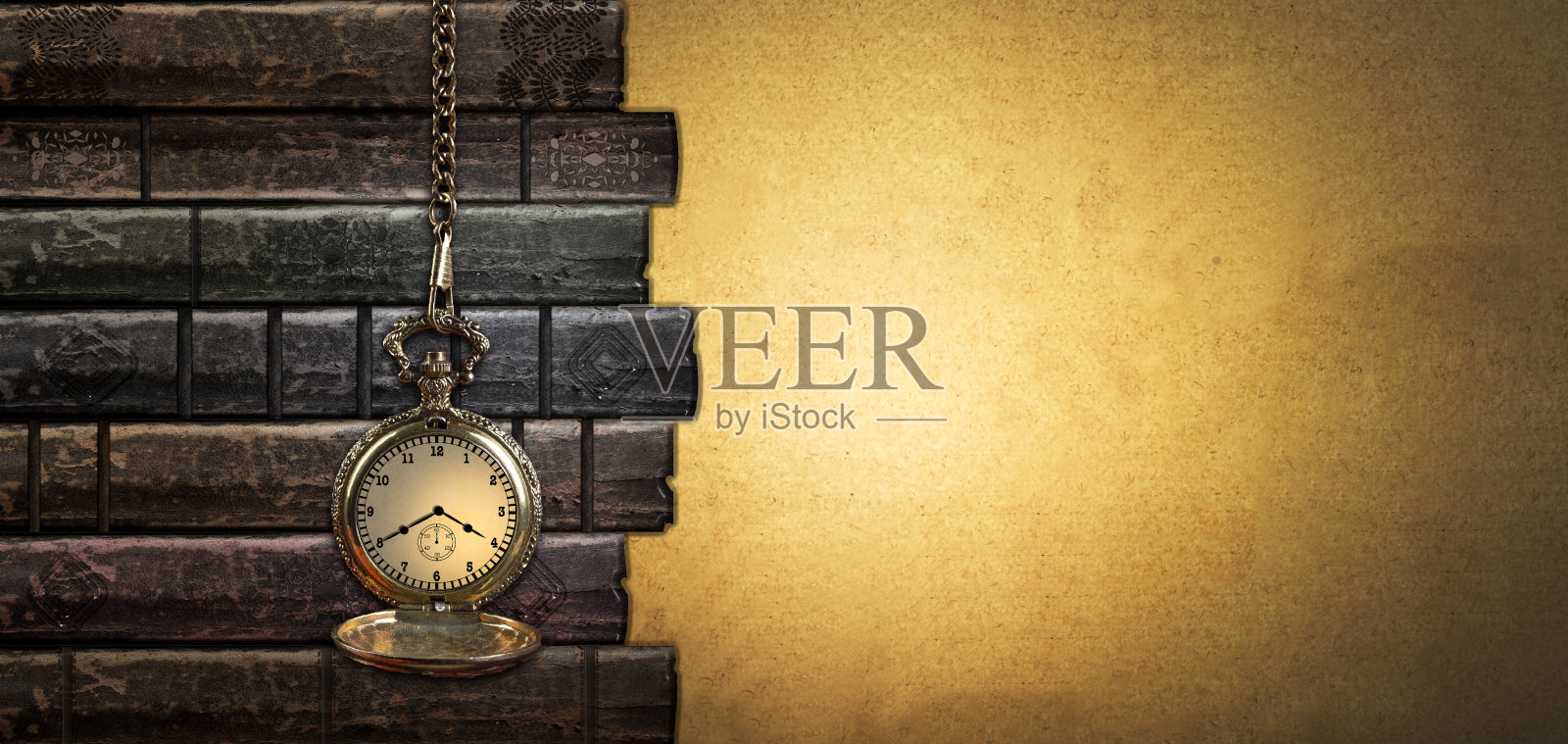 复古袖珍时钟和书的横幅与复制空间照片摄影图片