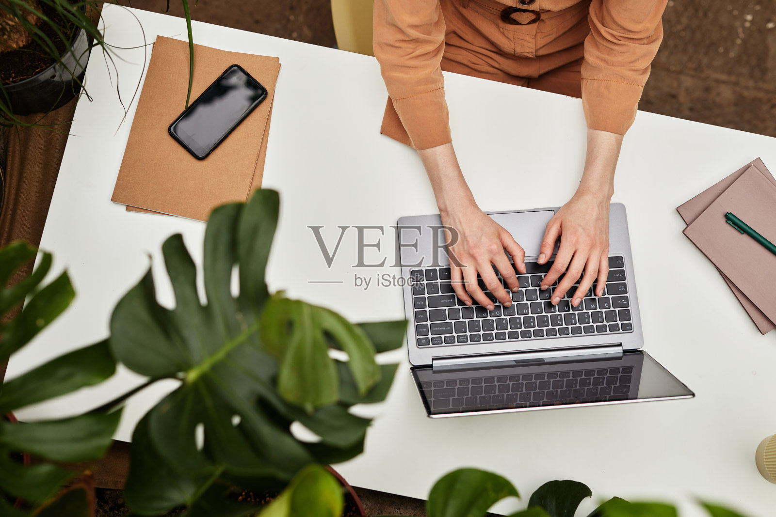 概述年轻女商人或学生的手在笔记本电脑键盘上打字照片摄影图片